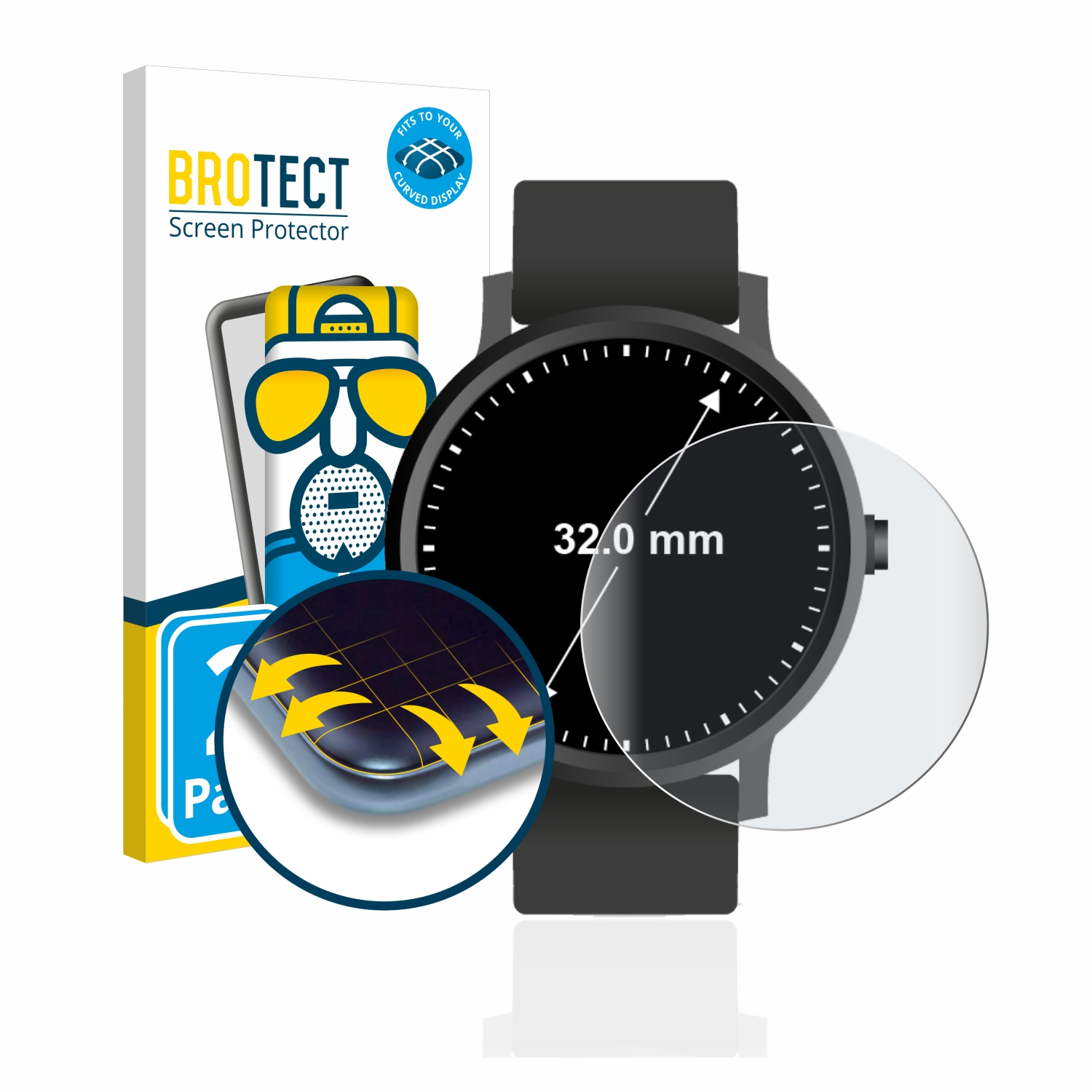 BROTECT 2x Flex matt Full-Cover Universal Armbanduhren Curved 32 (Kreisrund, mm)) ø: Schutzfolie(für 3D