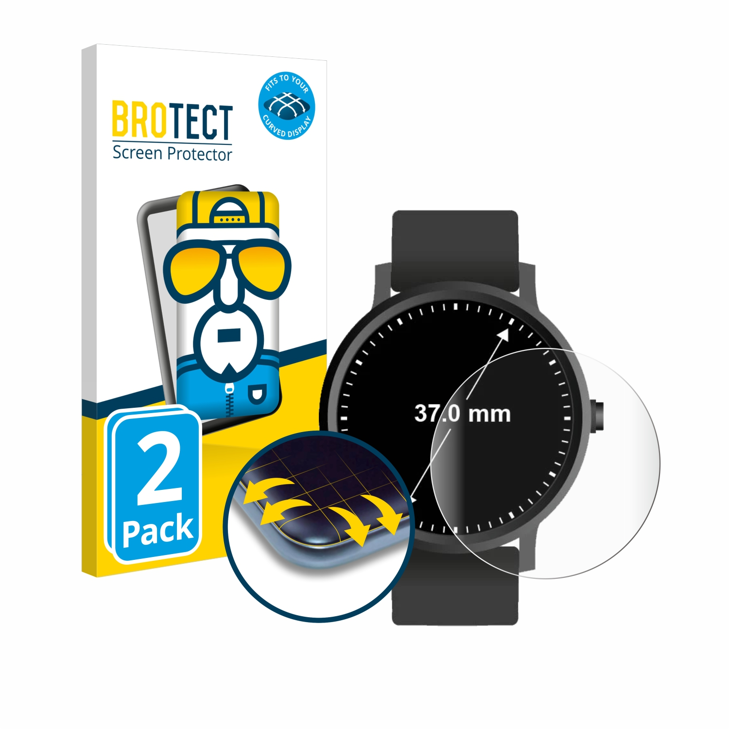 BROTECT 2x Flex Full-Cover 3D Armbanduhren Curved Universal (Kreisrund, 37 mm)) ø: Schutzfolie(für
