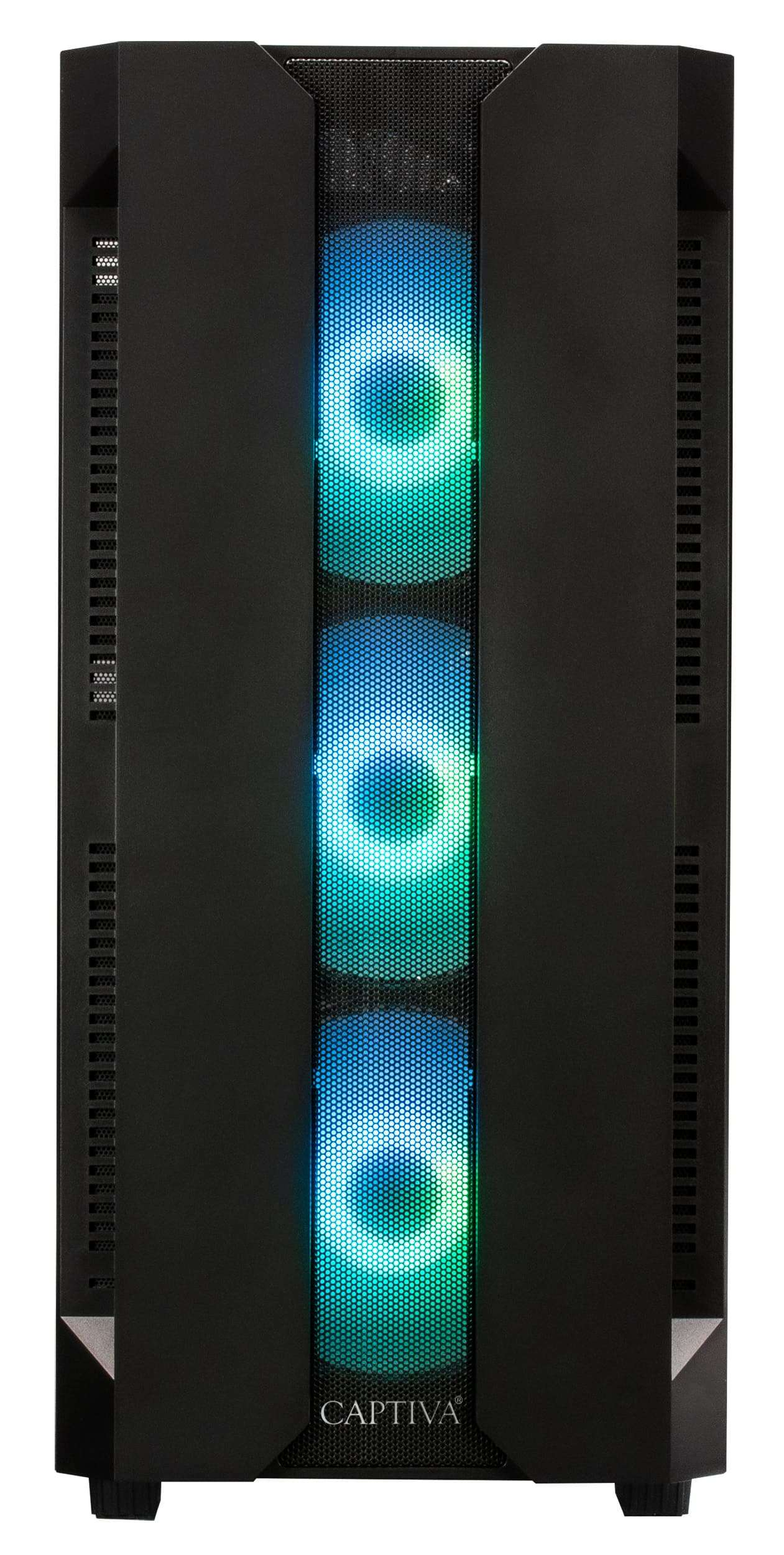 Zwarte computerkast met drie verlichte ventilatoren, die blauw en groen licht laten zien.