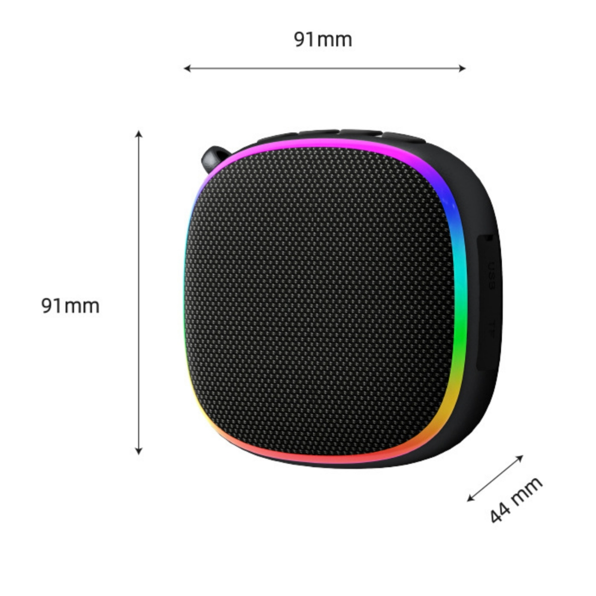Kleiner schwarzer Lautsprecher mit Mesh-Front, regenbogenfarbener Blende und Maßangaben: 91x91x44mm.