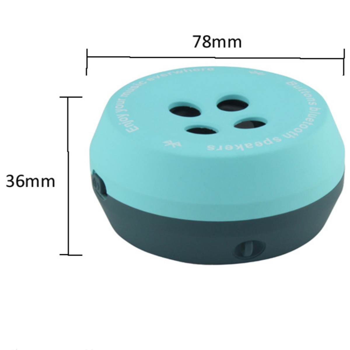 Türkisfarbener und schwarzer runder Bluetooth-Lautsprecher mit Abmessungen.