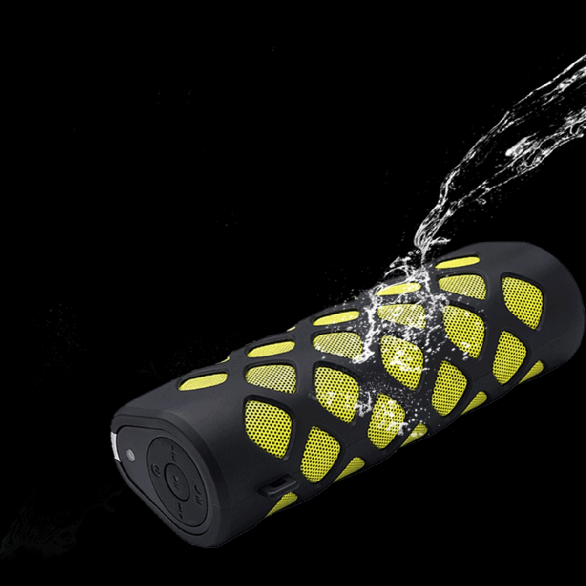 Ein schwarz-gelber Lautsprecher, aus dem Wasser spritzt. Der Lautsprecher befindet sich auf schwarzem Grund.