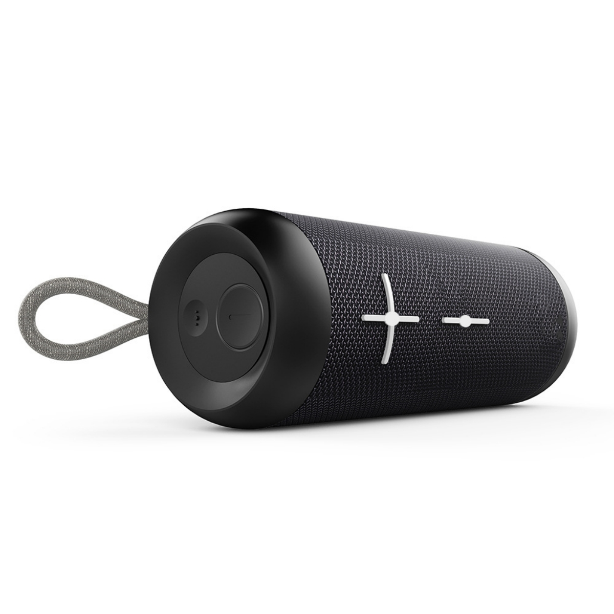 Schwarzer zylindrischer Bluetooth-Lautsprecher mit grauer Schlaufe.
