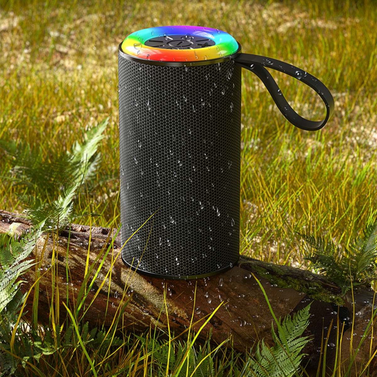 Schwarzer, zylindrischer Bluetooth-Lautsprecher mit bunten Lichtern, auf einem Baumstamm im Gras.