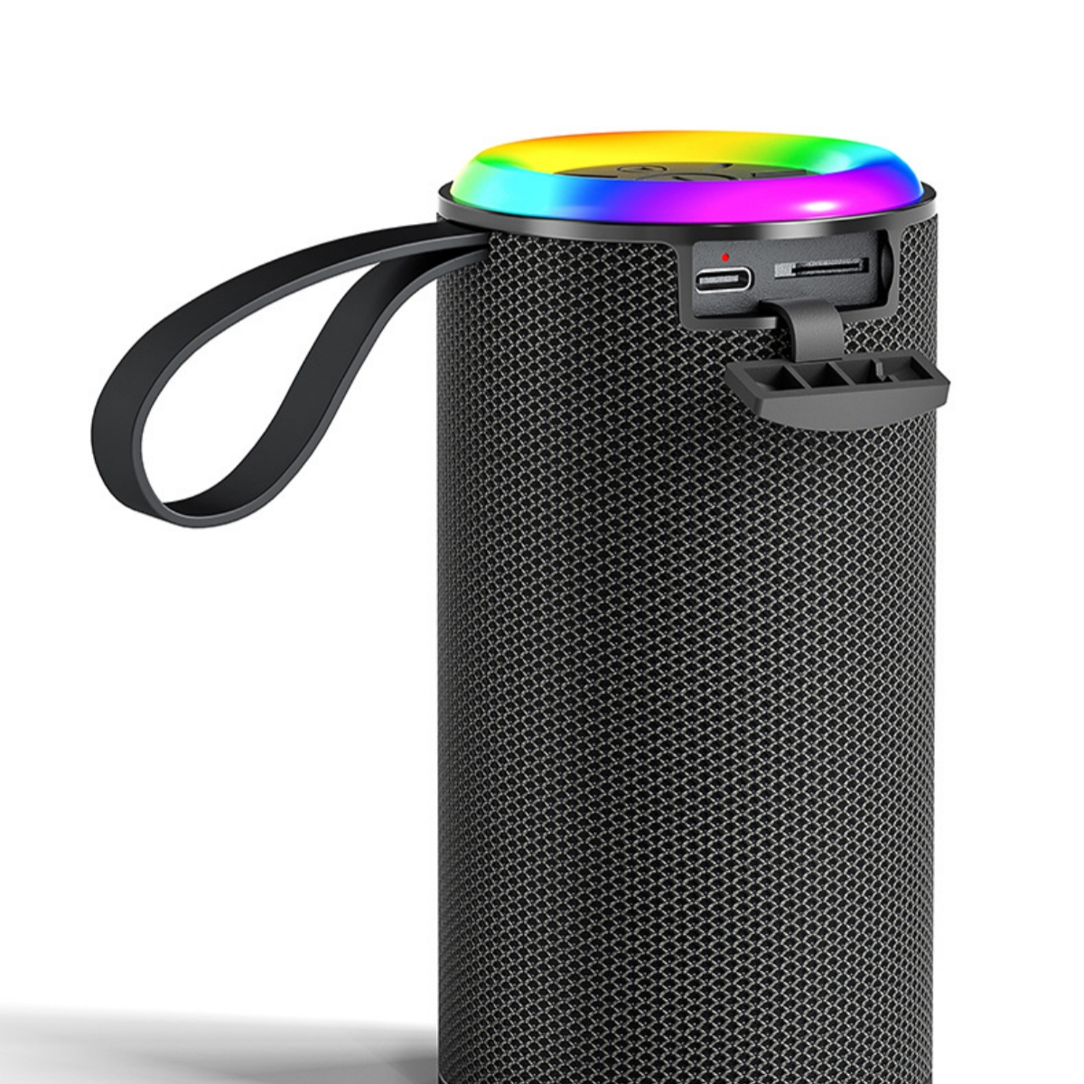 Ein schwarzer zylindrischer Lautsprecher mit Griff und bunten Lichtern oben, mit einem USB-Anschluss.