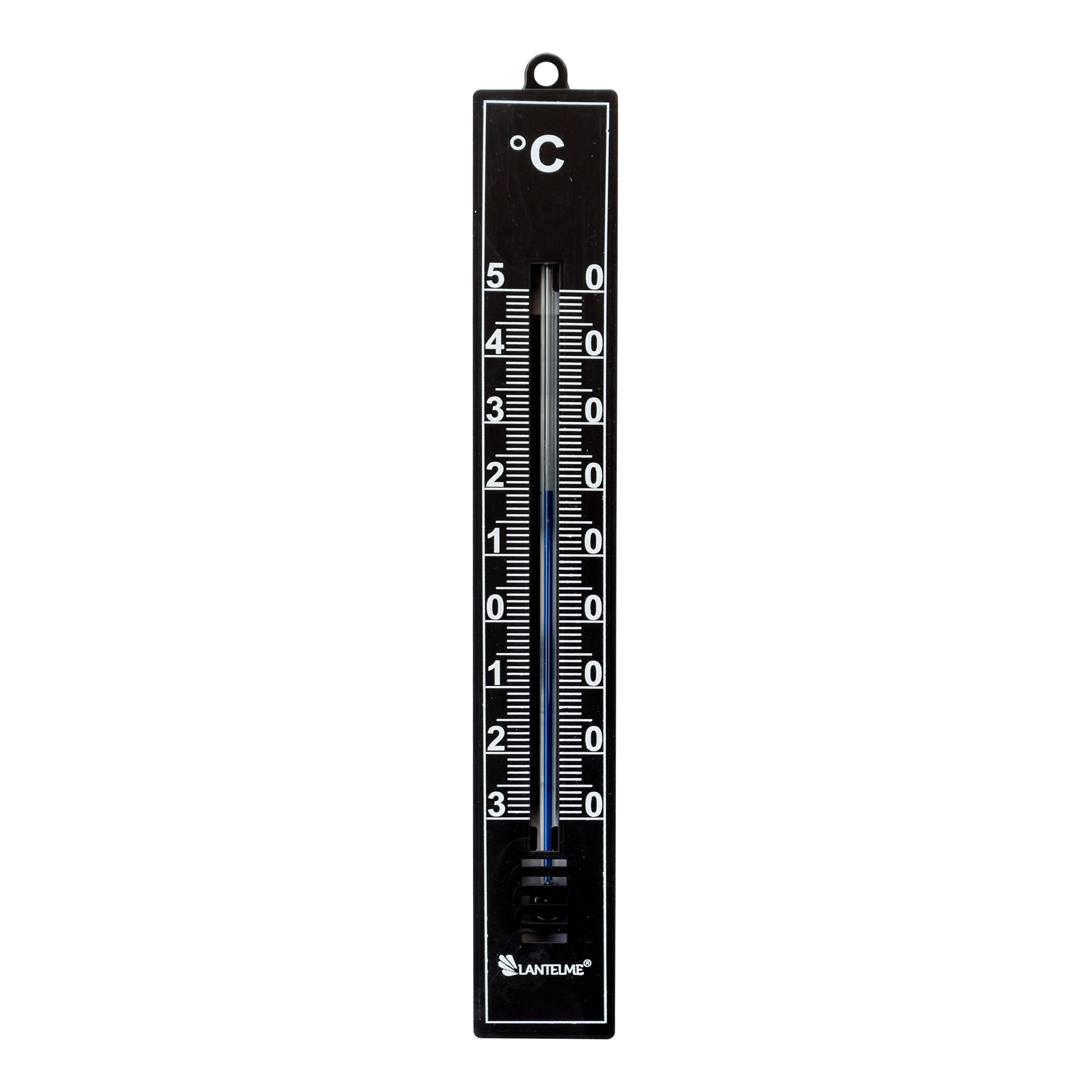 Schwarzes Thermometer mit Celsius-Skala. Der blaue Indikator zeigt die Temperatur an. Weißer Hintergrund.