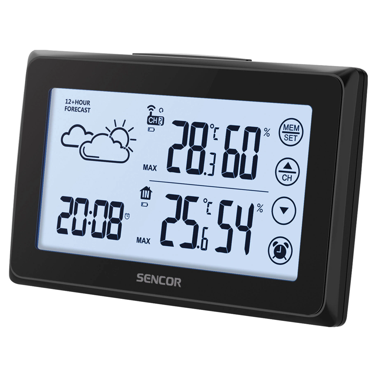 Eine schwarze Digitaluhr mit Zeit-, Temperatur- und Wettersymbolen. Knöpfe zeigen Einstellungen an.