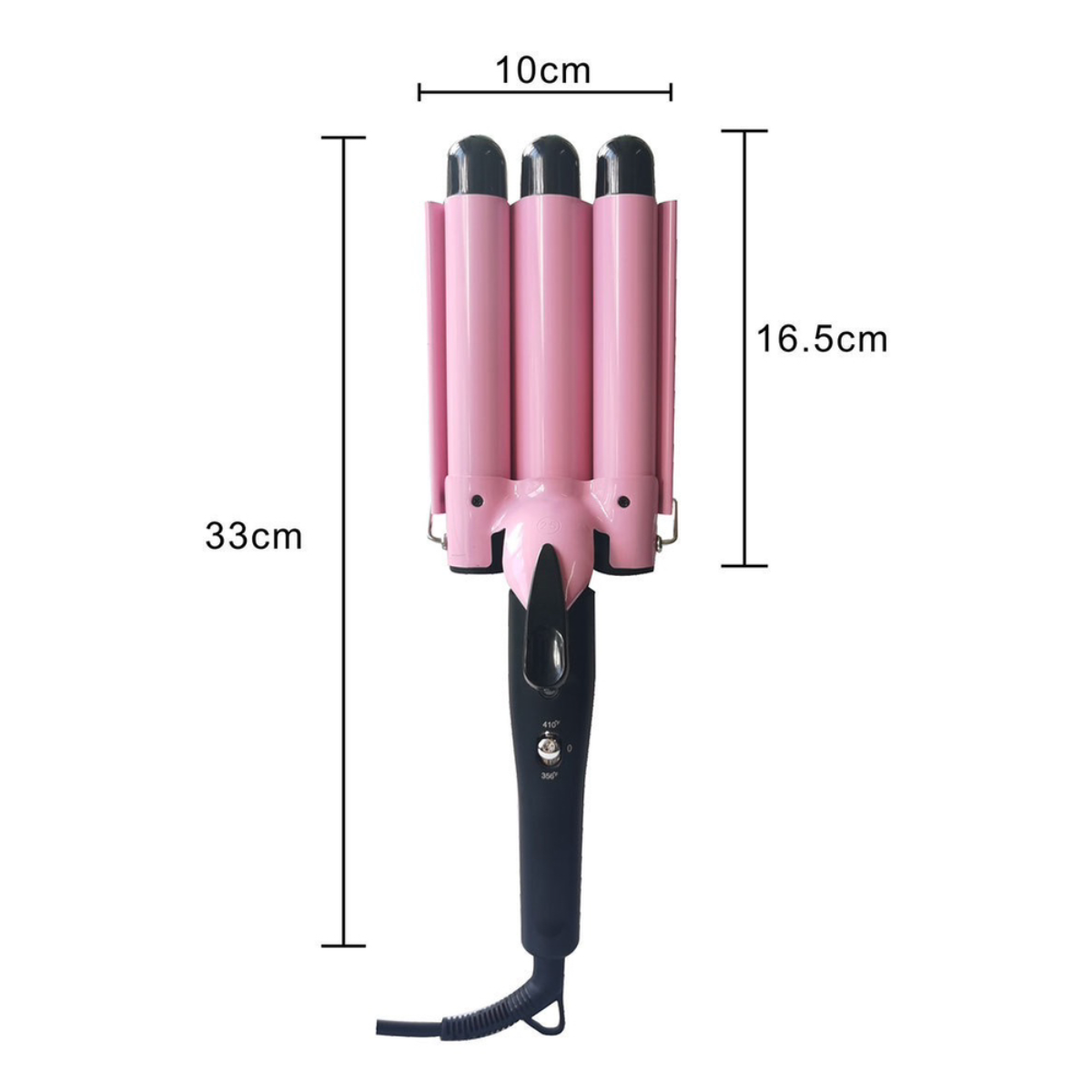 Pinker Haar-Waver. Das Werkzeug ist pink, hat einen schwarzen Griff und ist mit Maßen beschriftet.