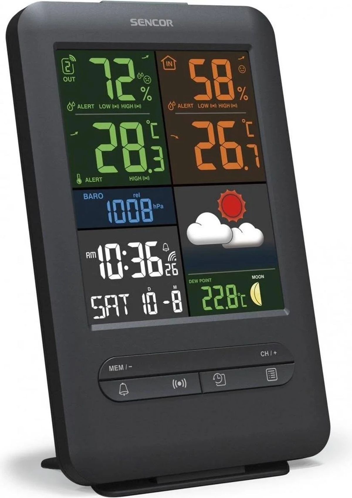 Eine schwarze digitale Wetterstation. Sie zeigt Temperatur, Luftfeuchtigkeit, Uhrzeit und Wettervorhersage-Symbole an.