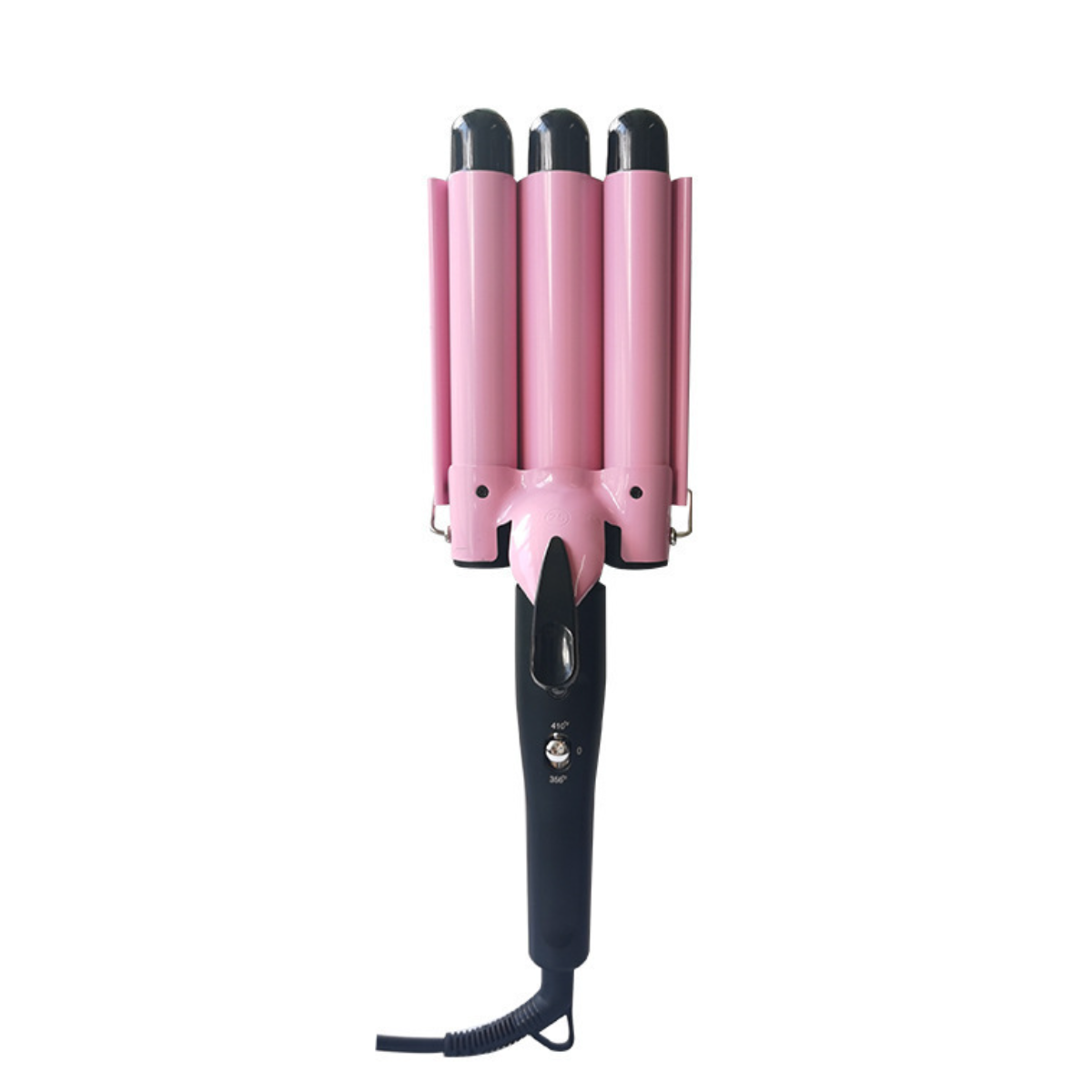 Rosa Dreifach-Lockenstab mit schwarzem Griff und Kabel. Der Lauf ist rosa und der Griff ist schwarz.