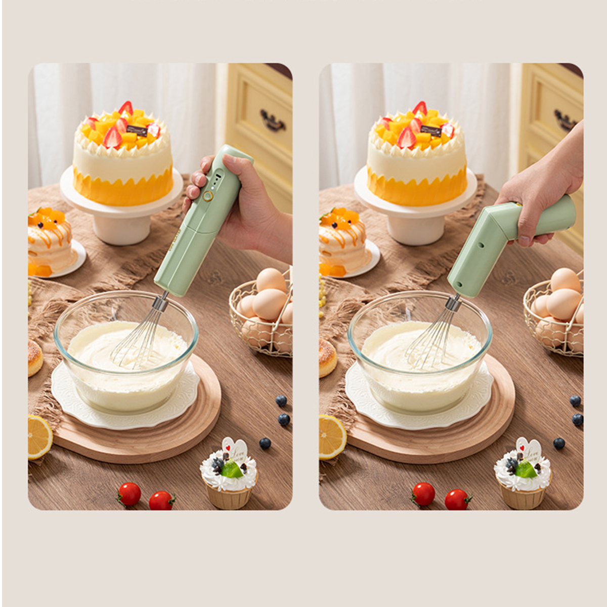 Zwei Bilder zeigen eine Person, die einen grünen Handmixer verwendet und Zutaten verrührt. Kuchen und Eier sind ebenfalls im Bild.