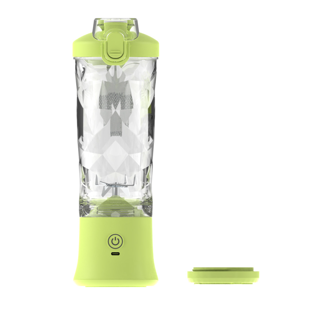 Ein grüner tragbarer Mixer mit einem transparenten, rautenförmigen Behälter. Deckel und Sockel sind auch grün.