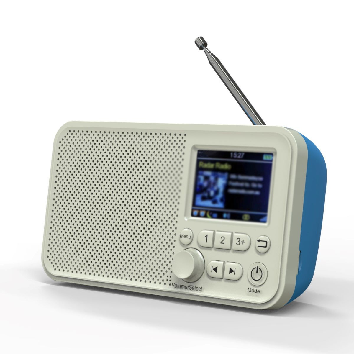 Radio mit Bildschirm und Antenne, weiß und blau, weißer Hintergrund.