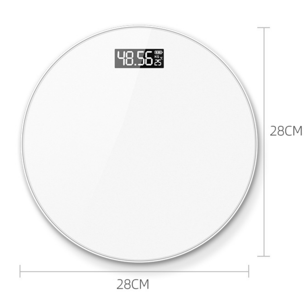 Eine weiße digitale Waage, die ein Gewicht von 48,56 anzeigt. Die Waage ist rund, mit Abmessungen.