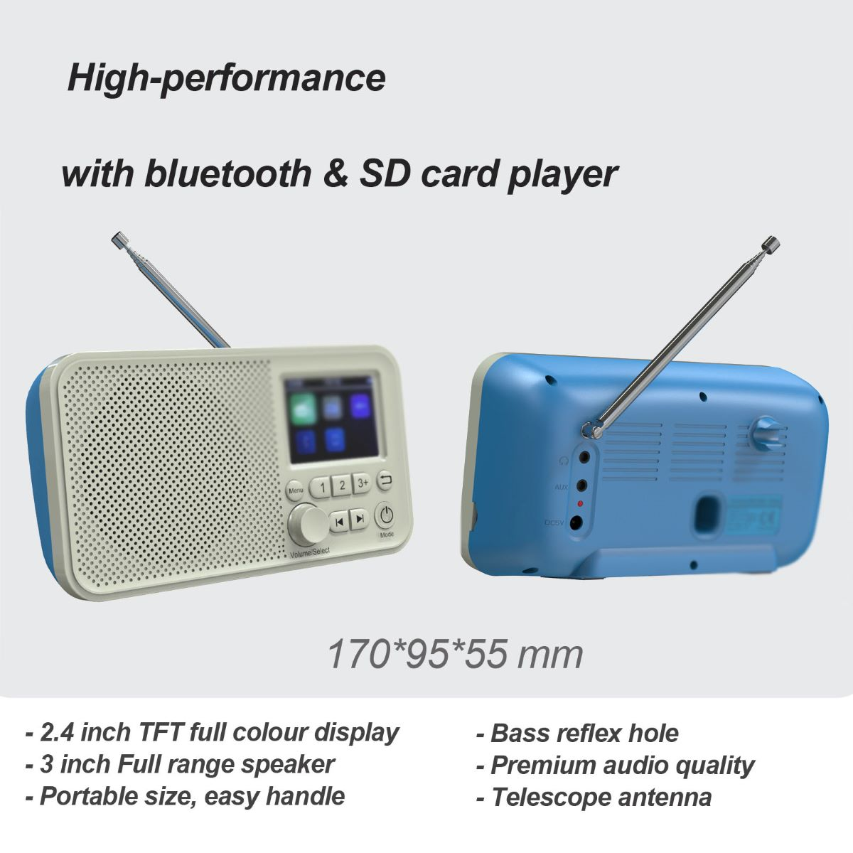 Zwei Radios. Eines weiß mit Bildschirm, das andere blau. Text beschreibt Funktionen. Weißer Hintergrund.