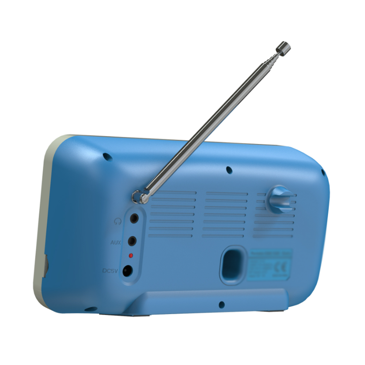 Blaues Retro-Radio mit Silberantenne. Hat Aux- und DC-Eingänge. Weißer Hintergrund.