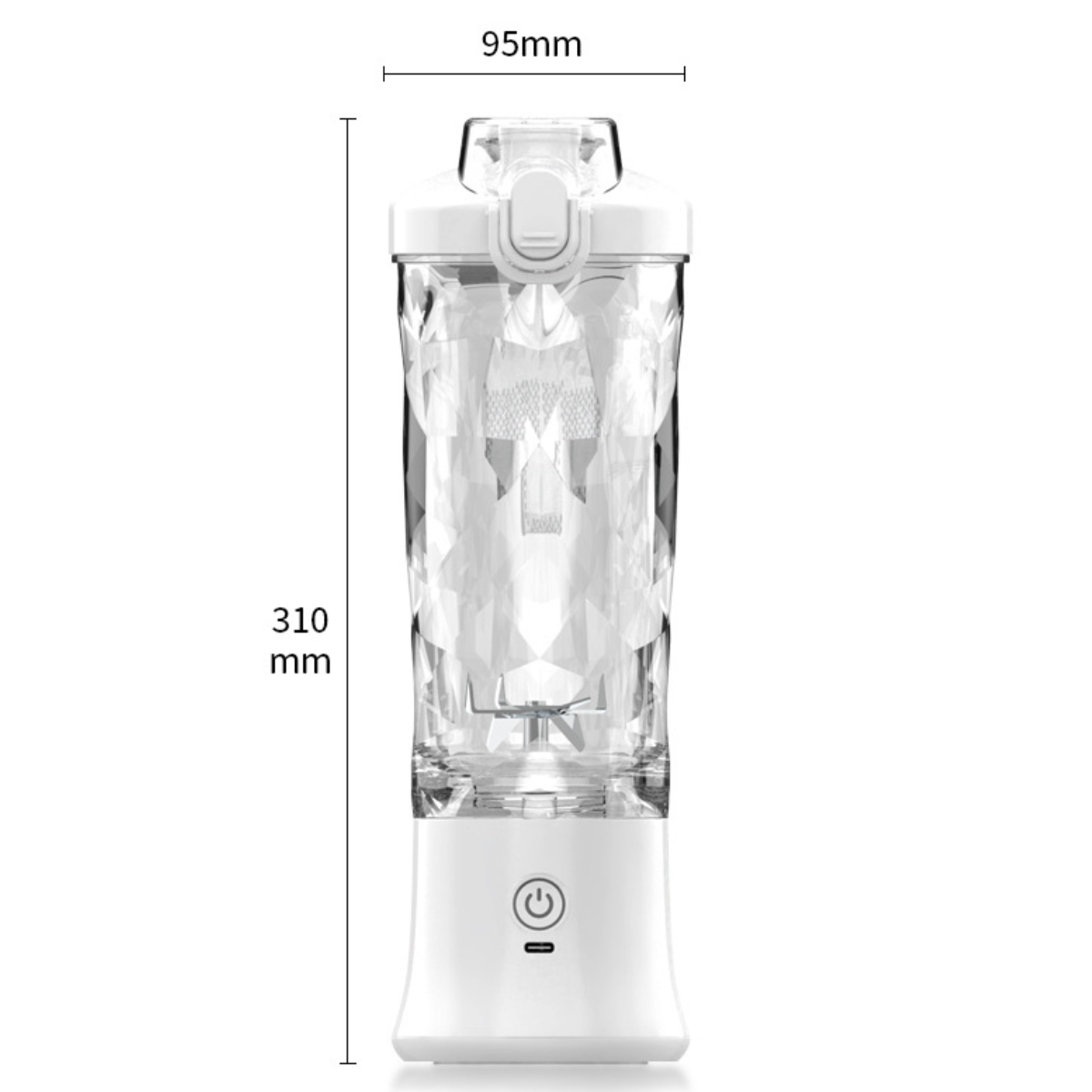 Ein weißer und klarer Mixer mit Größenangaben. Es hat einen weißen Sockel und Deckel.