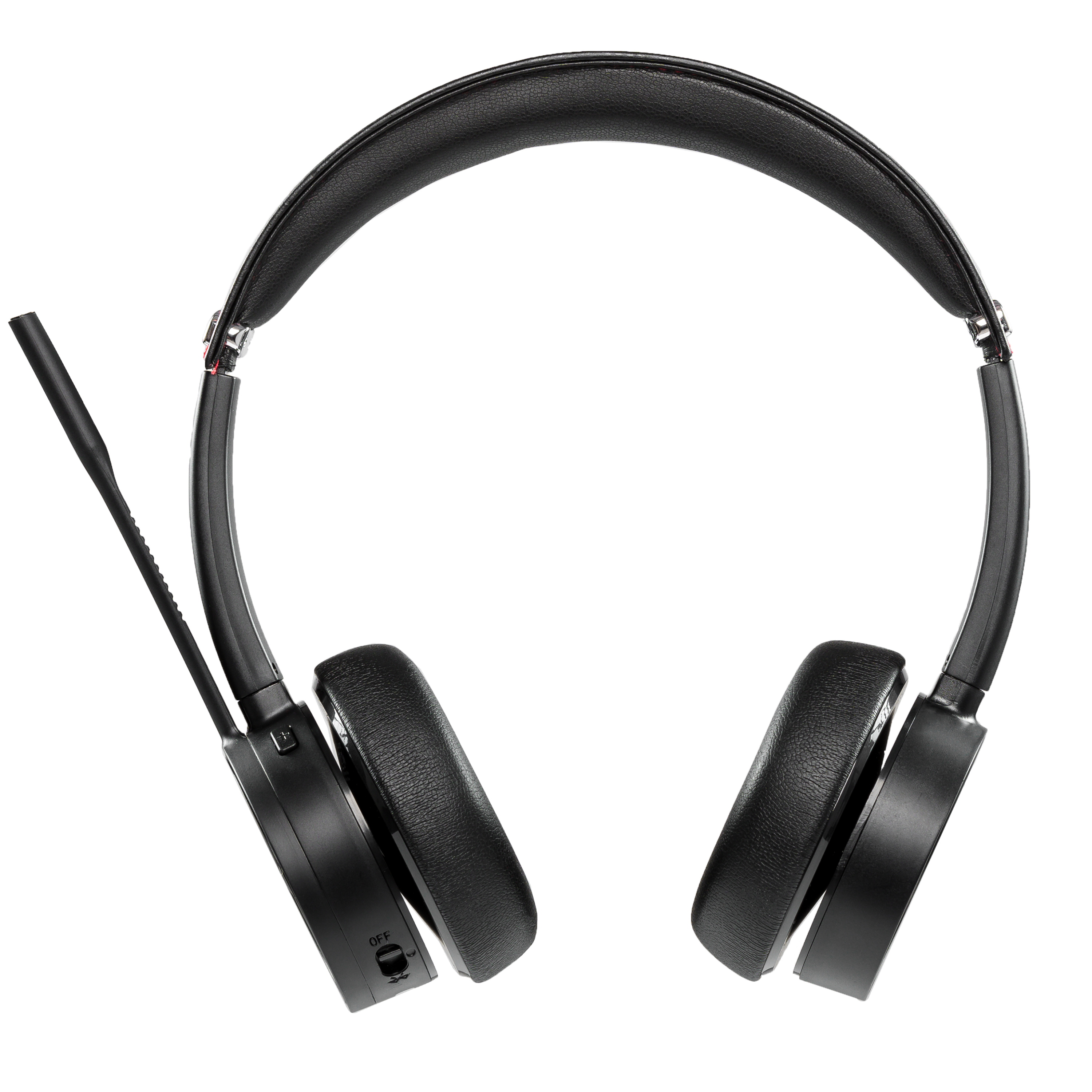 Ein schwarzes Headset liegt auf einer weißen Oberfläche, mit einem Mikrofon, das sich nach links erstreckt.
