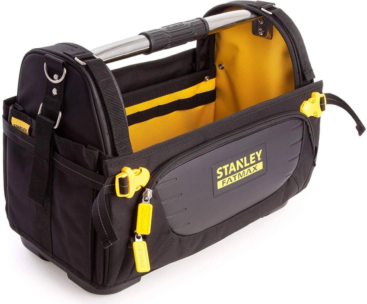 Schwarze Werkzeugtasche mit gelbem Innenraum, Griff und Stanley FatMax Logo, Werkzeuge.