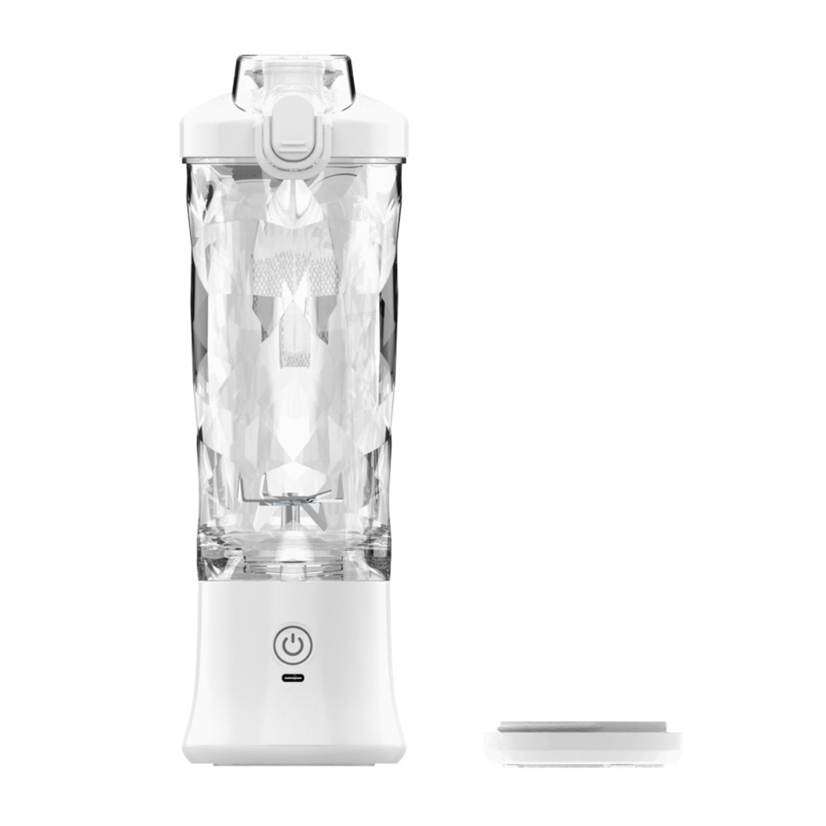 Weißer tragbarer Mixer mit transparentem Behälter, auf Weiß, mit abgenommenem Deckel.