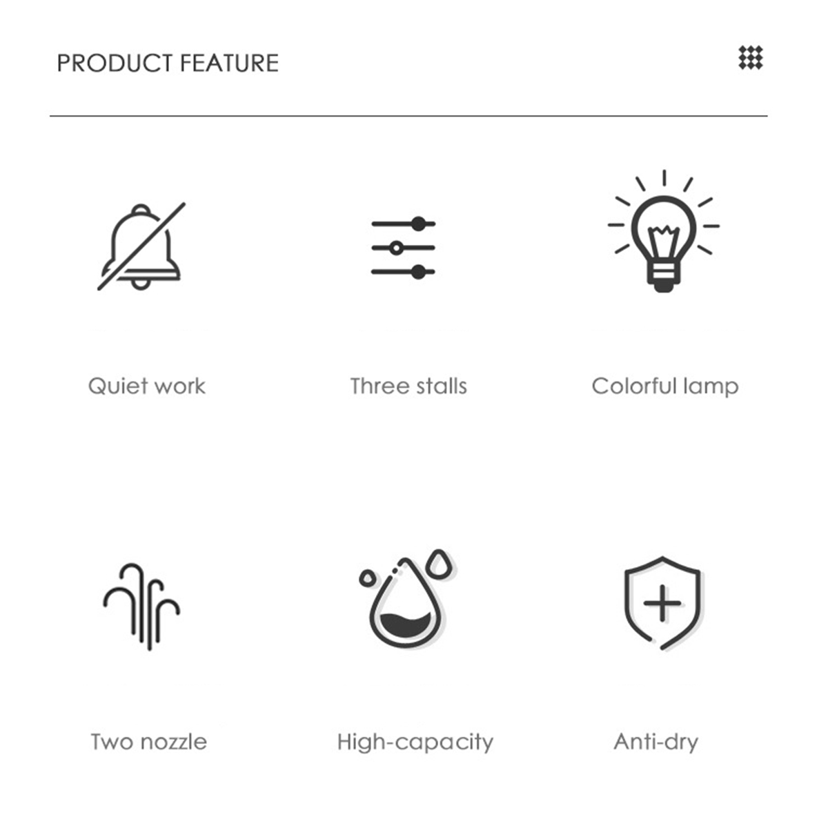 Symbole, die Funktionen zeigen: leises Arbeiten, drei Stände, farbenfrohe Lampe, zwei Düsen, hohe Kapazität und Anti-Trockenheit.