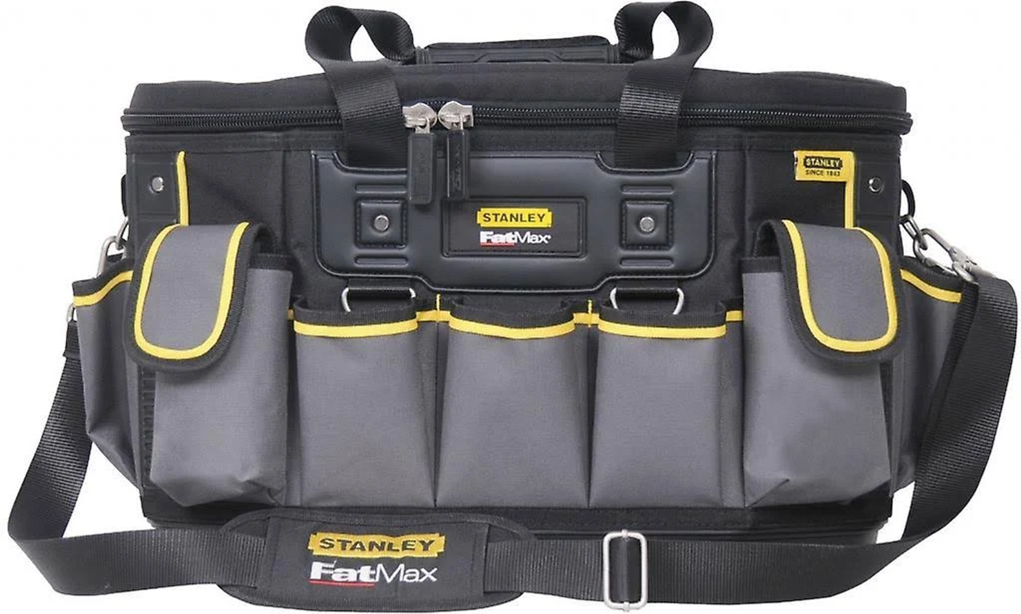 Borsa porta attrezzi Stanley FatMax, nera con dettagli grigi e gialli, tasche multiple e tracolla.