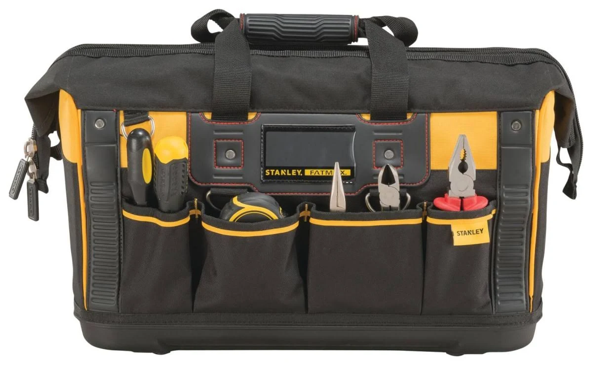 Una borsa portautensili Stanley FatMax nera e gialla è aperta, con attrezzi nelle tasche e alcuni all'interno.