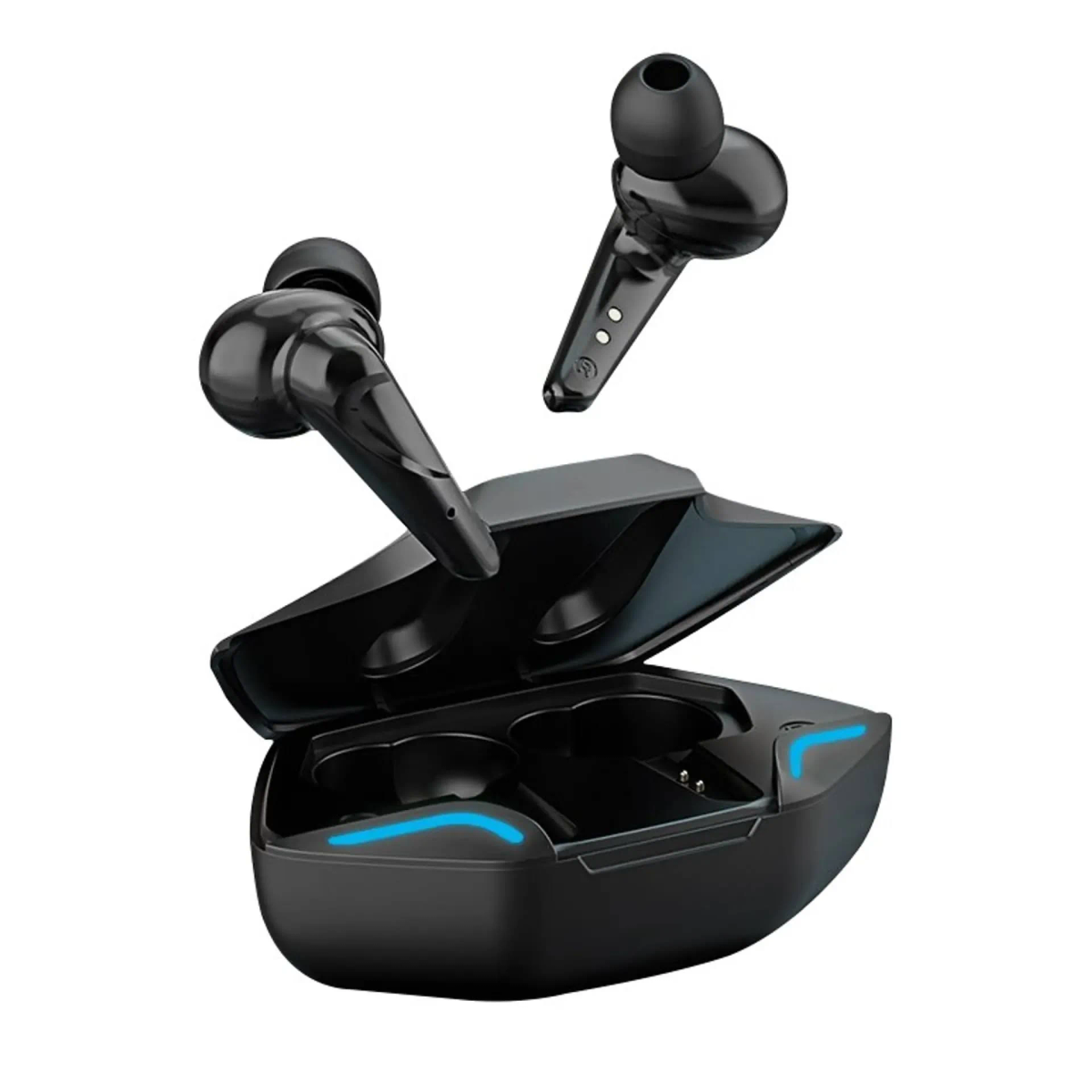 Auricolari wireless neri e custodia di ricarica. Un auricolare è fuori dalla custodia. Luce blu sulla custodia.