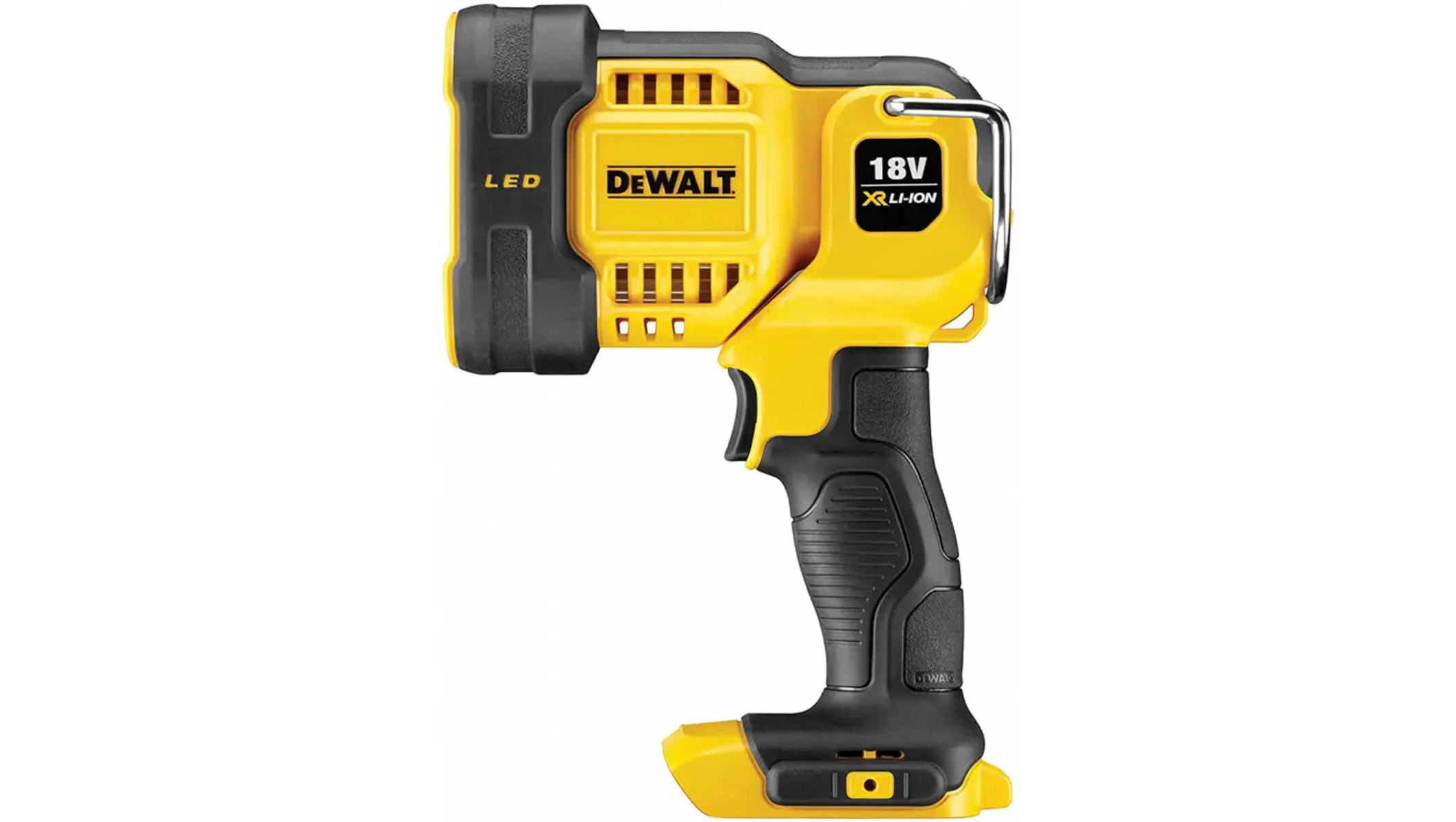 Żółto-czarna bezprzewodowa lampa robocza LED z uchwytem.