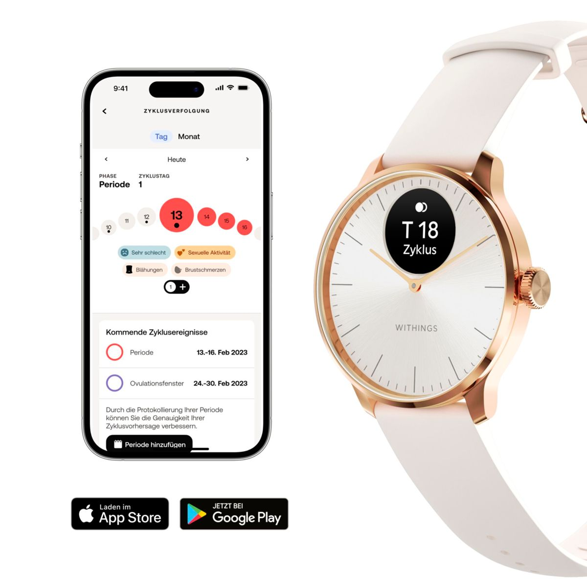 Smartwatch z białym paskiem, obok telefonu wyświetlającego aplikację śledzenia cyklu.