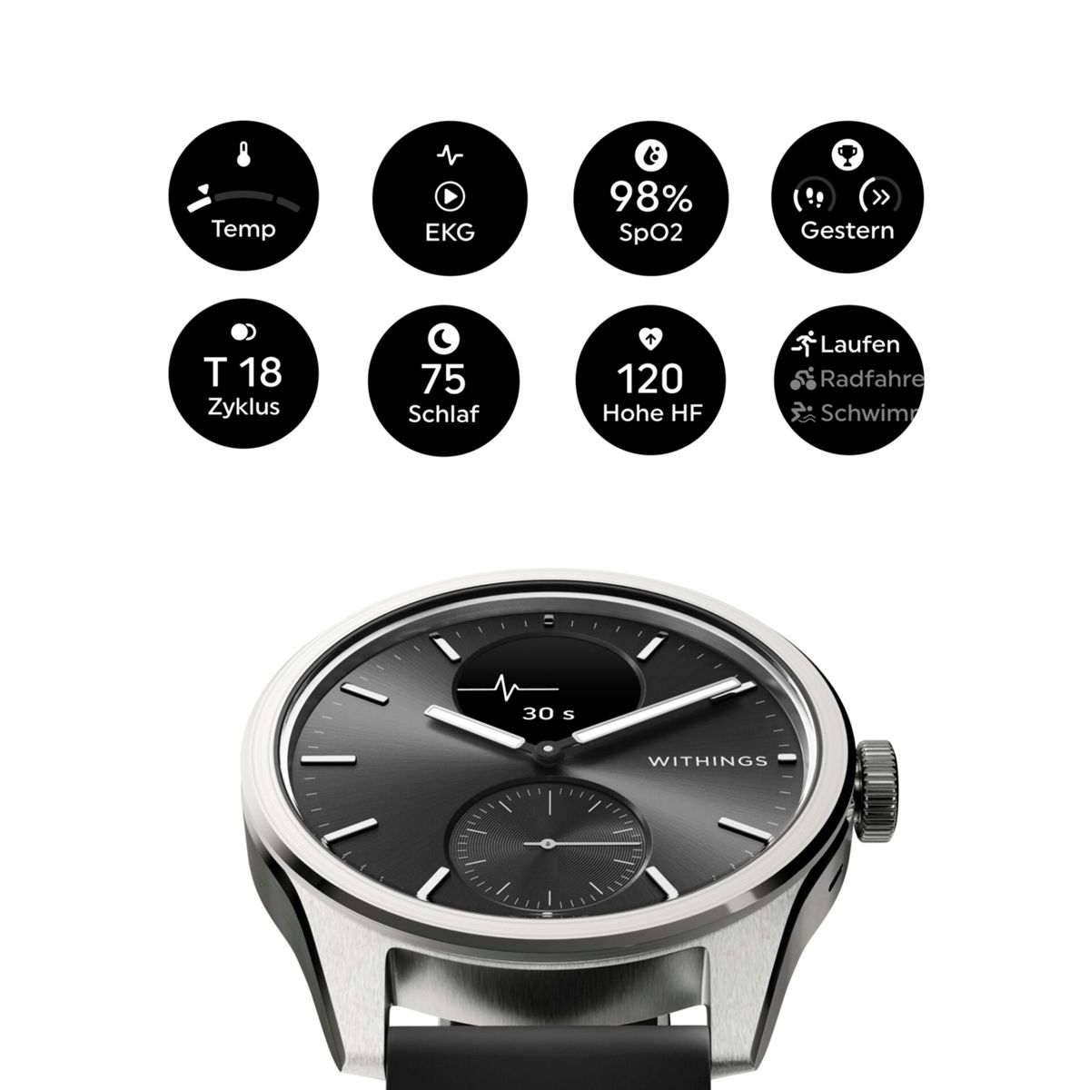 Nahaufnahme einer Smartwatch mit schwarzem Zifferblatt, die verschiedene Gesundheitsmetriken anzeigt.