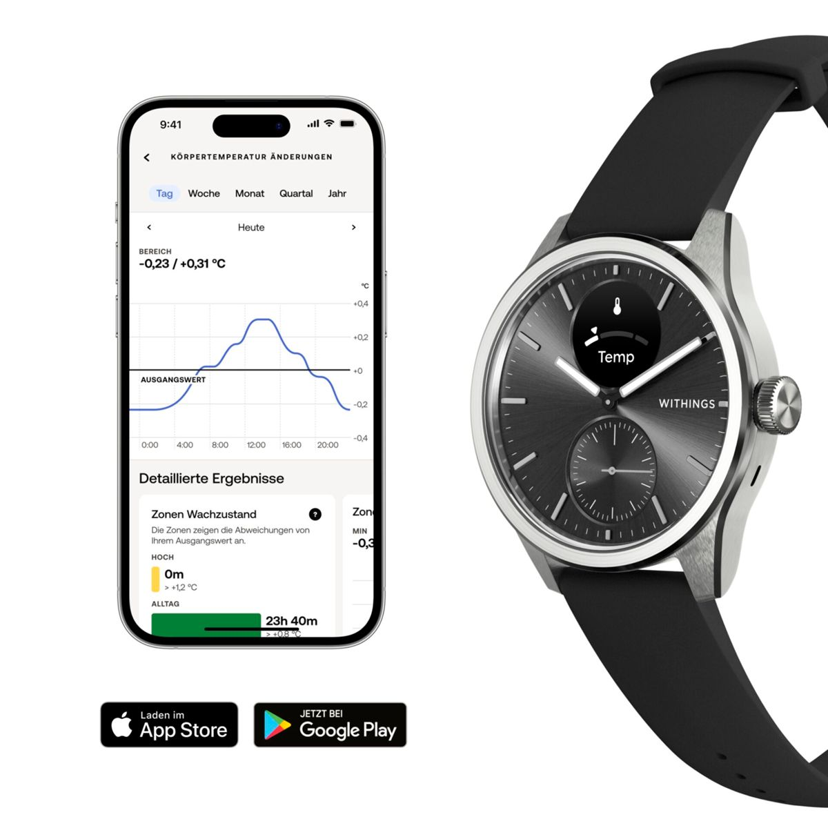 Eine Smartwatch mit schwarzem Armband, zeigt Körpertemperaturdaten auf dem Bildschirm, neben einem Smartphone.
