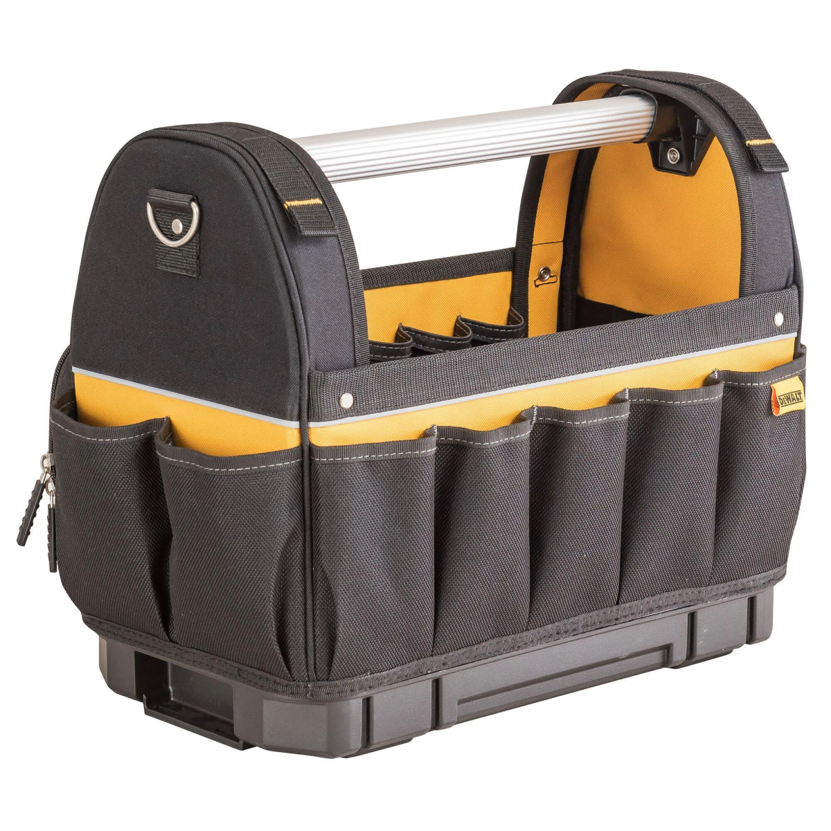 Eine schwarz-gelbe DeWalt-Werkzeugtasche mit mehreren Taschen und einem Griff.