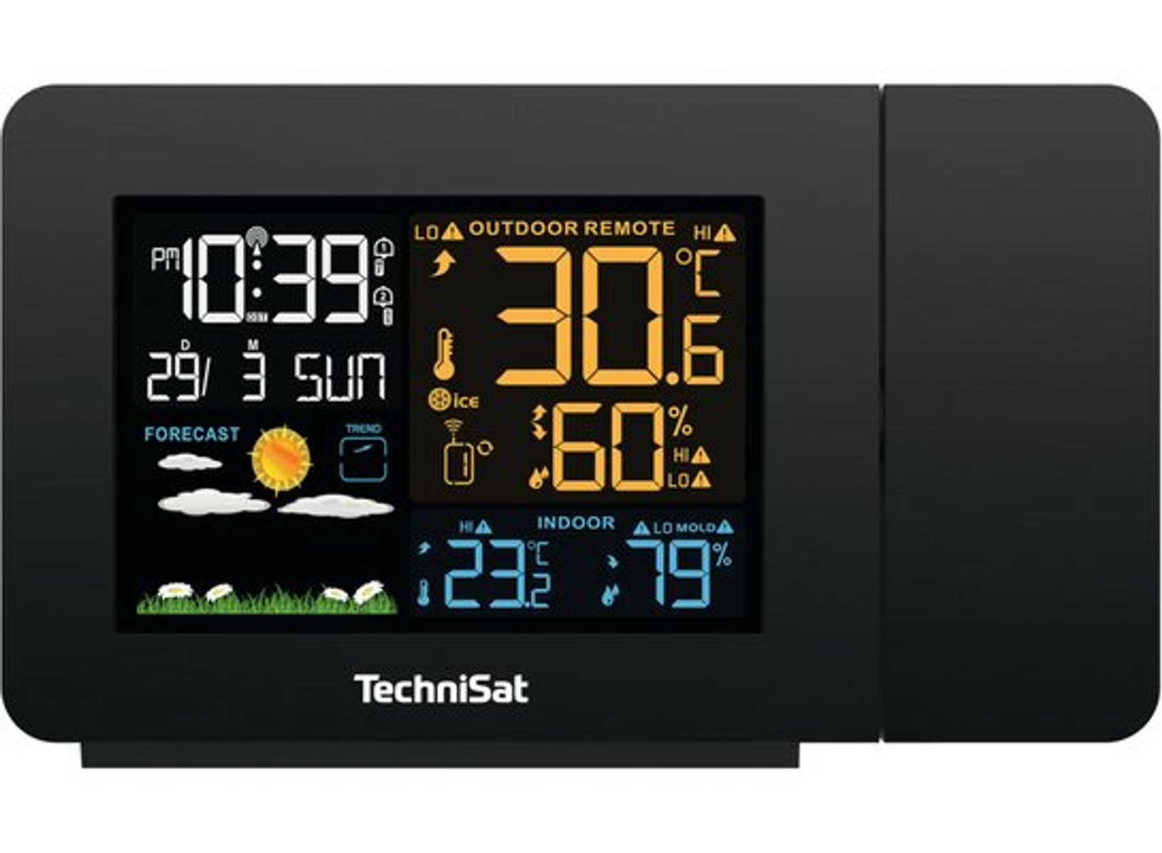 Czarna stacja pogodowa z wyświetlaczem cyfrowym, pokazująca czas, temperaturę i prognozę.