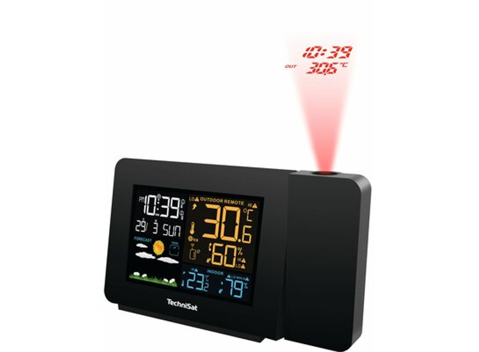 Czarna stacja pogodowa wyświetlająca godzinę, datę, prognozę i temperaturę. Czerwona wiązka.