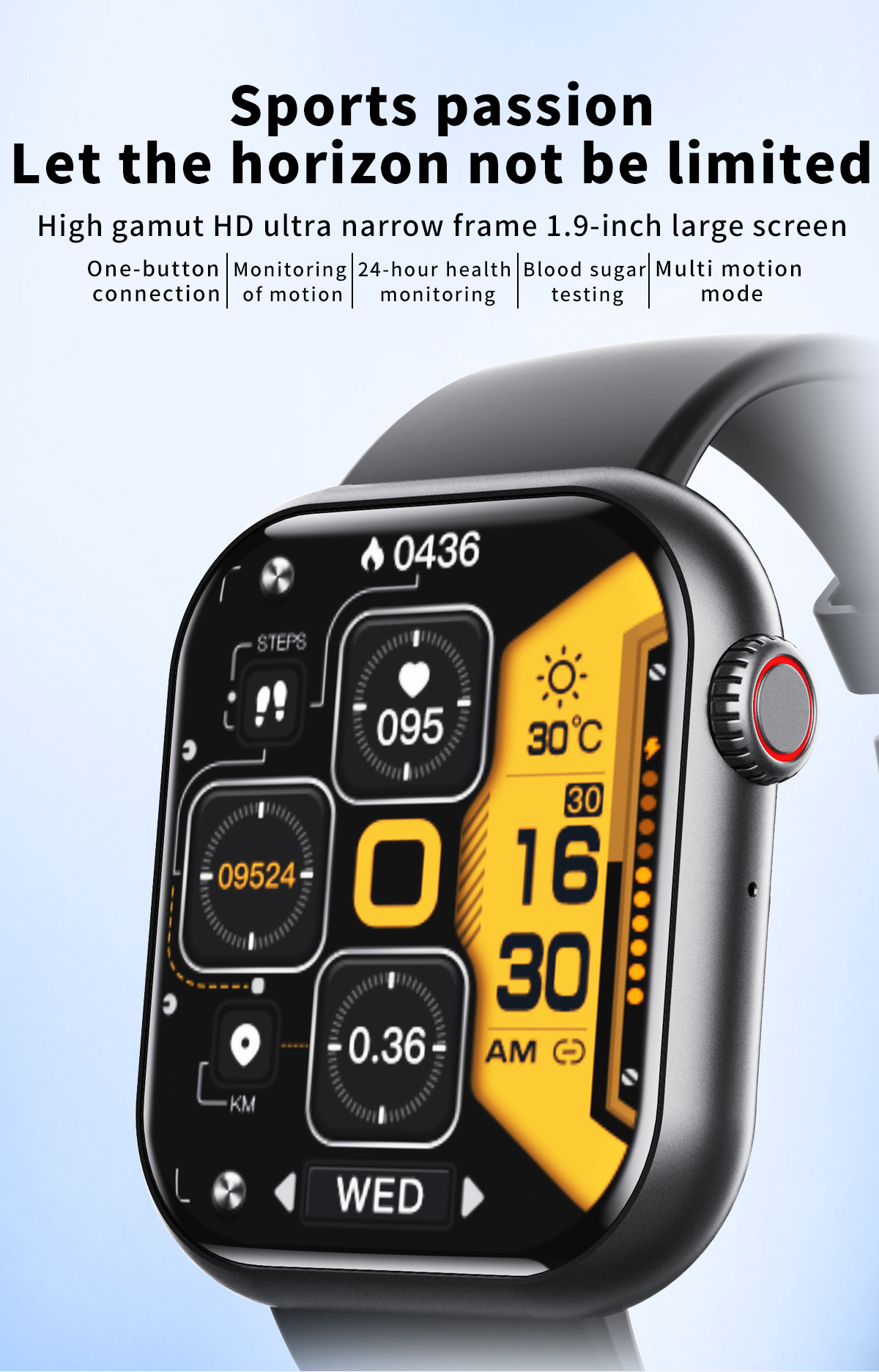 Smartwatch z cyfrowym wyświetlaczem pokazującym dane fitness. Czarny pasek i boczny przycisk.