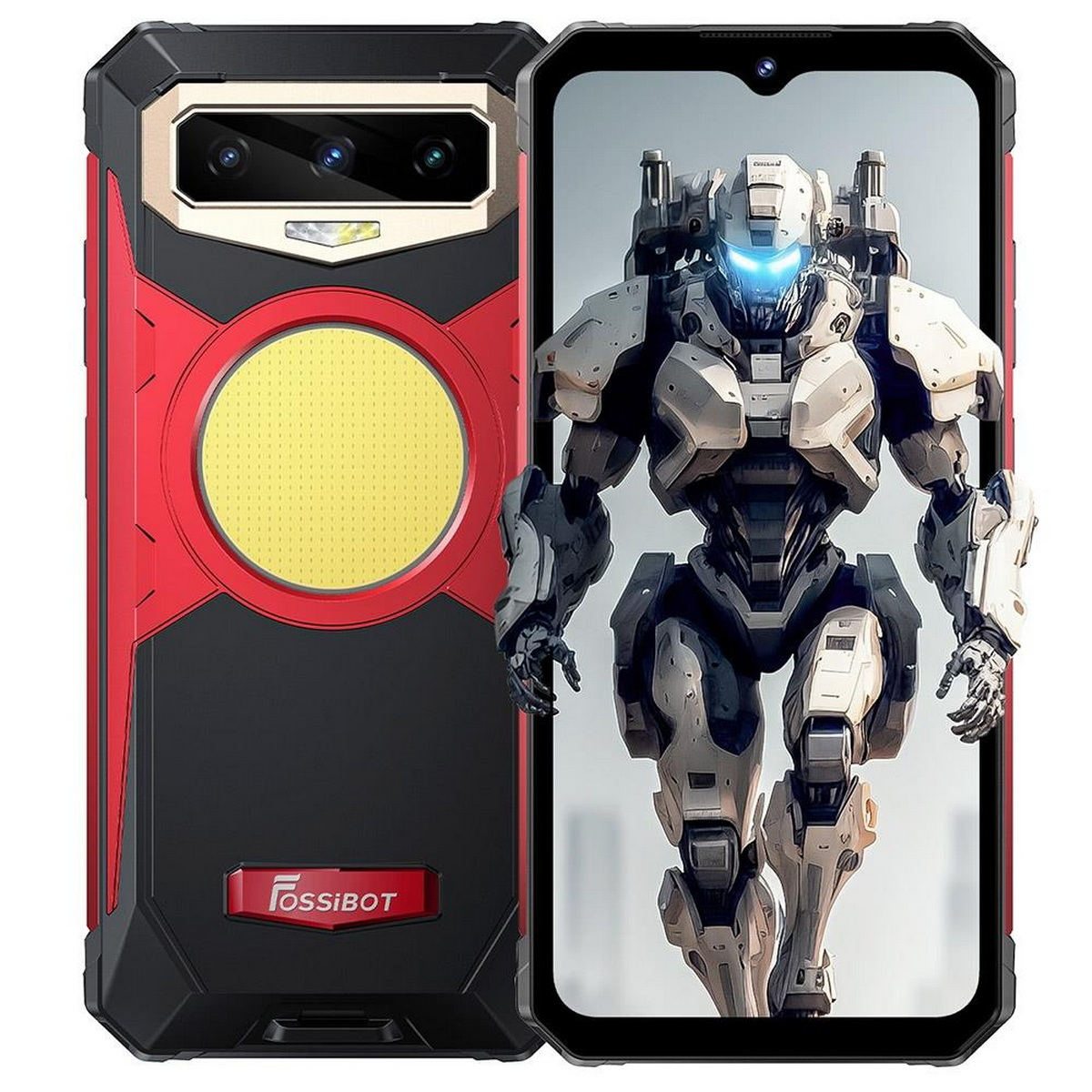 Ein robustes Smartphone mit rotem und schwarzem Gehäuse. Der Bildschirm zeigt einen Roboter.