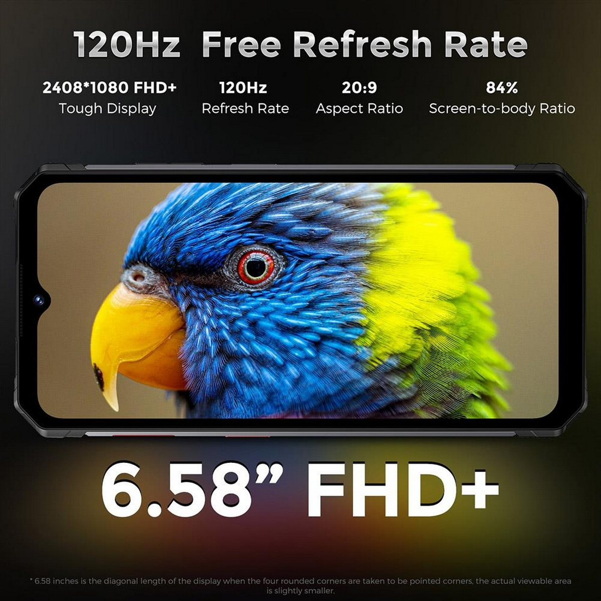 Smartphone-Bildschirm mit einem farbenfrohen Vogelbild. Text beschreibt 120Hz Bildwiederholrate und andere Spezifikationen.