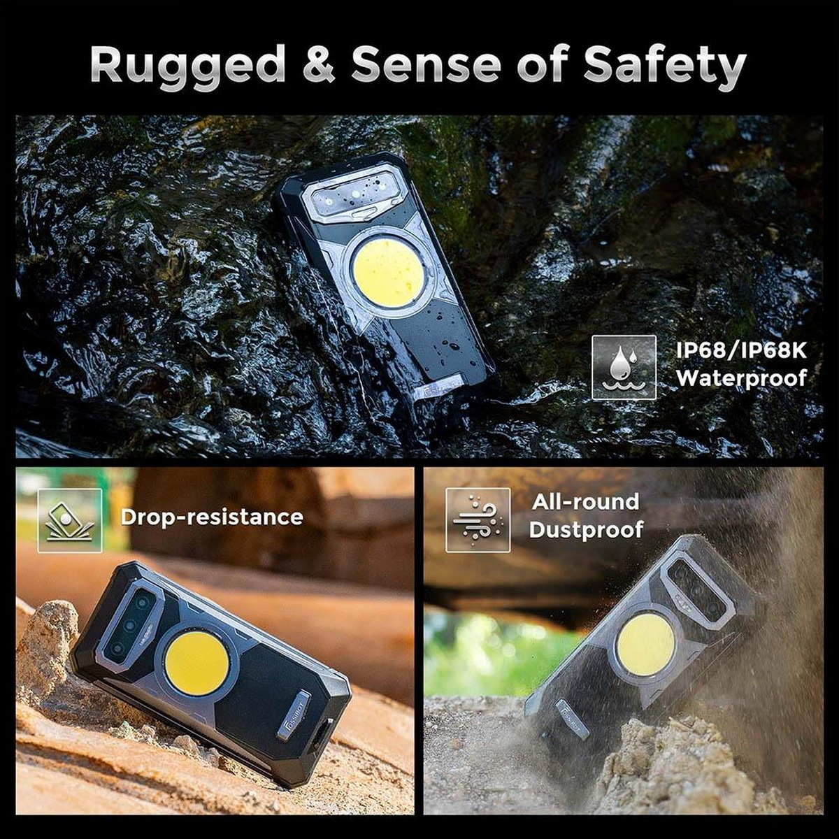 Schwarzes, robustes Telefon im Wasser, mit Wasserdichtigkeitskennzeichnung.