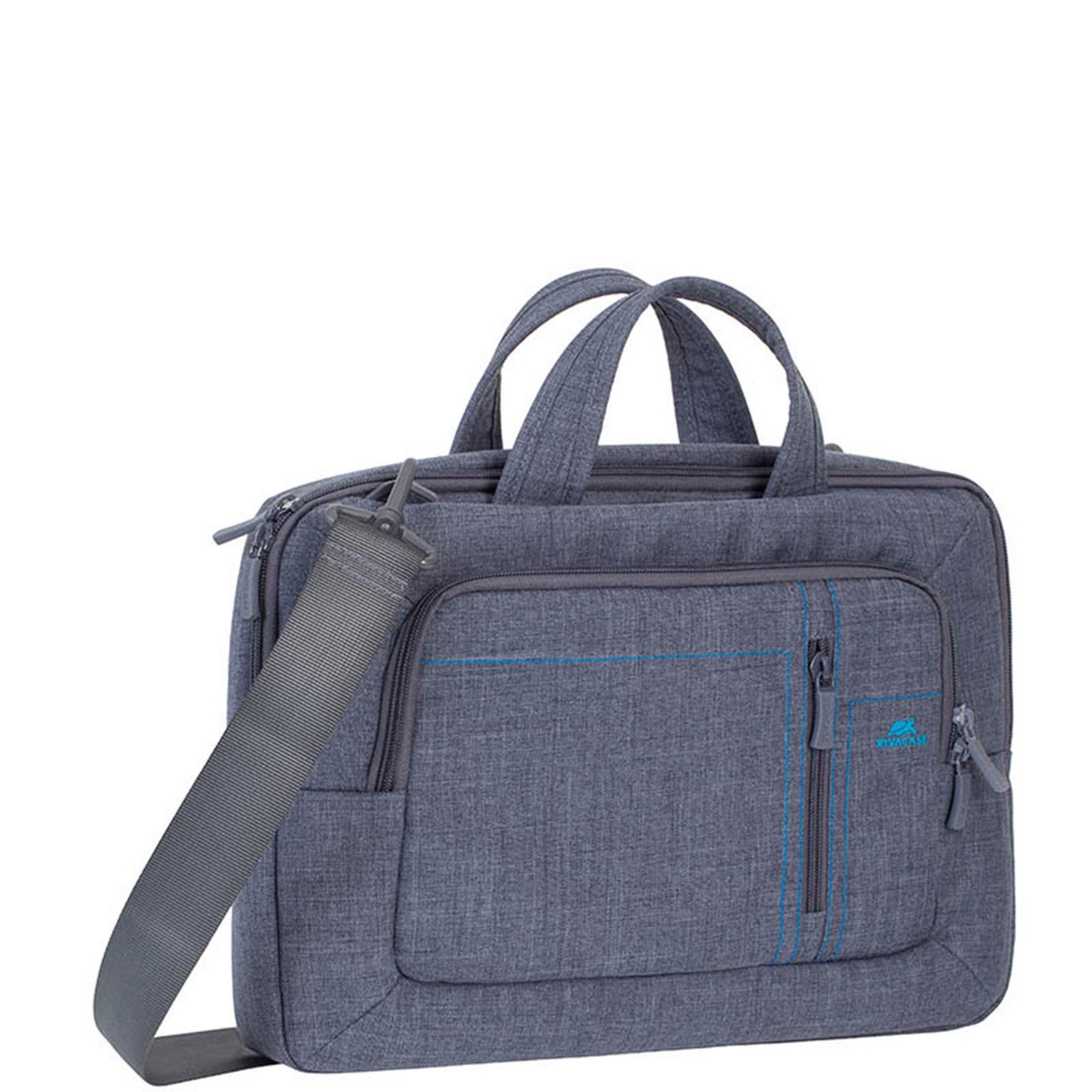 Borsa grigia per laptop con manico, tracolla e dettagli blu.