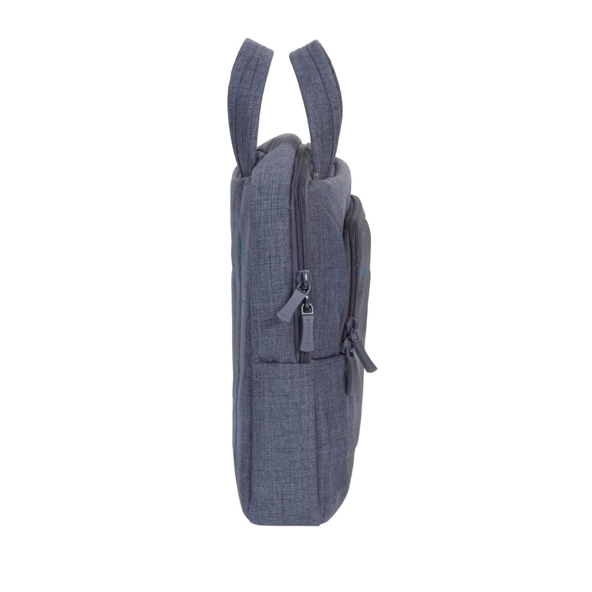 Una vista laterale di una borsa grigia per laptop con due manici e diversi scomparti con cerniera.