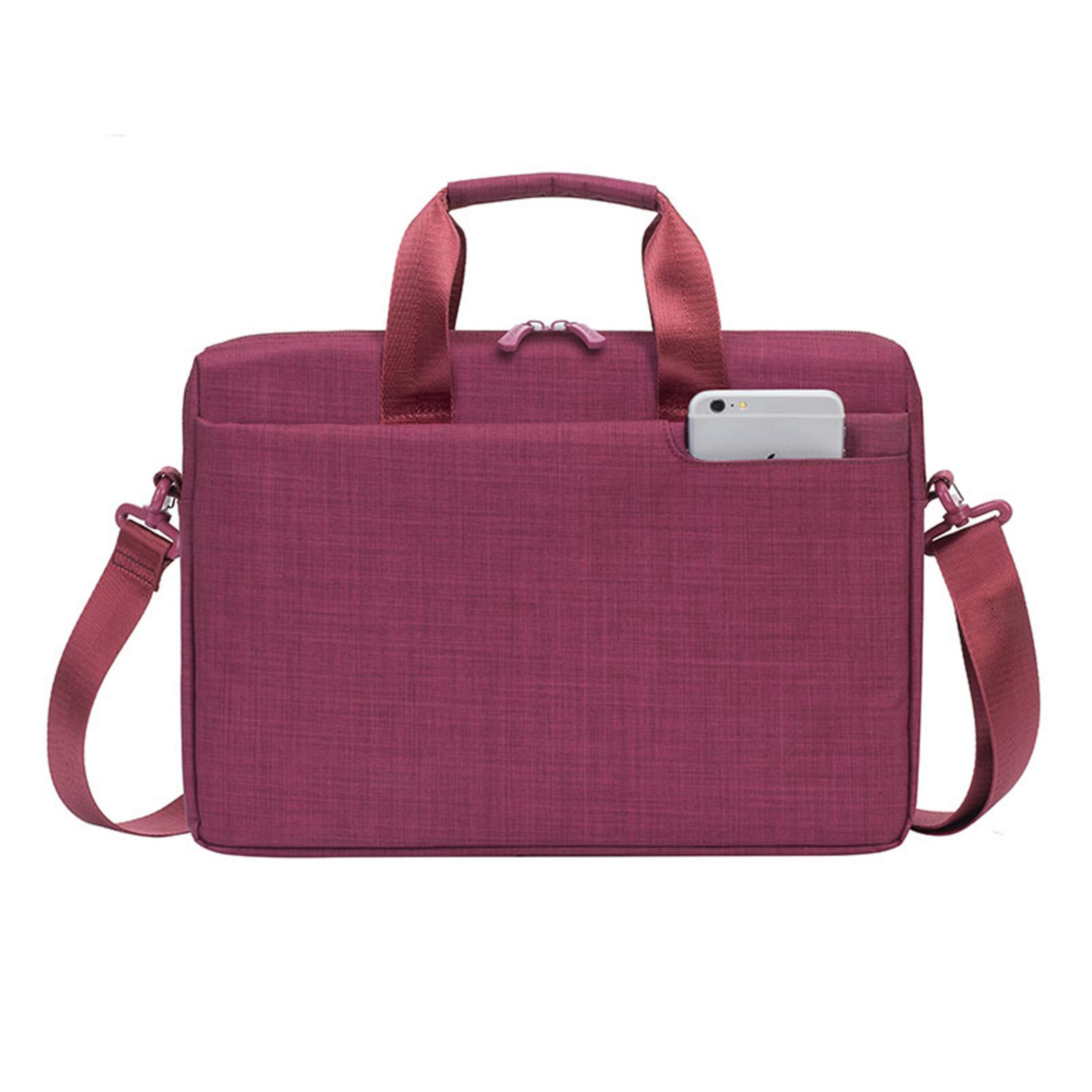 Borsa tote bordeaux con manico e tracolla, un telefono nella tasca anteriore.