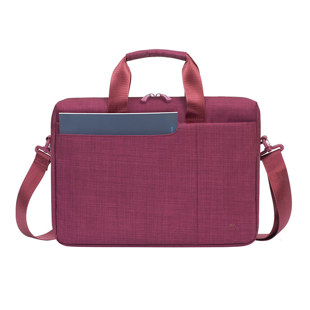Una borsa per laptop bordeaux con manico, tracolla e tasca esterna.