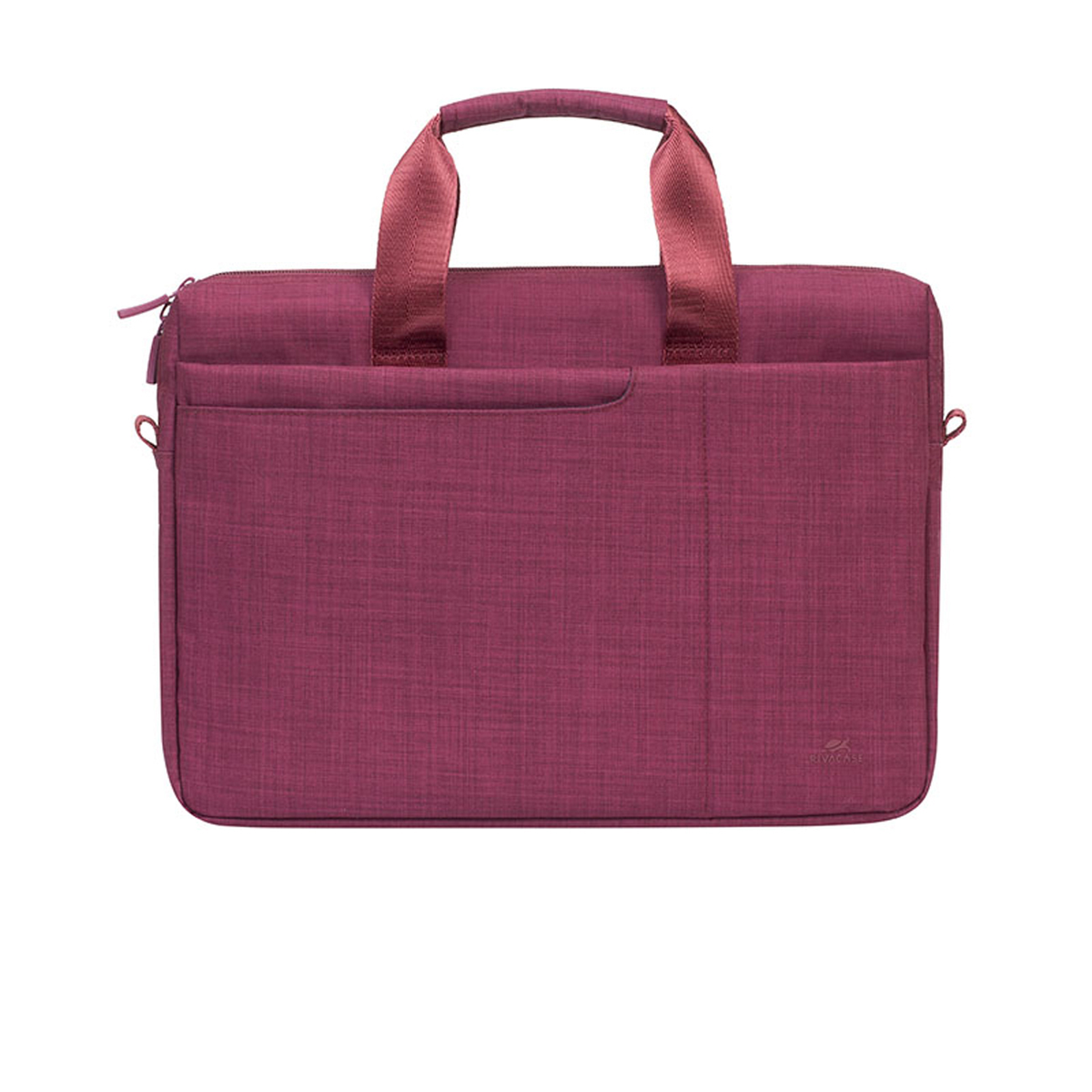 Una borsa per laptop bordeaux con manico e tasca frontale, su sfondo bianco.