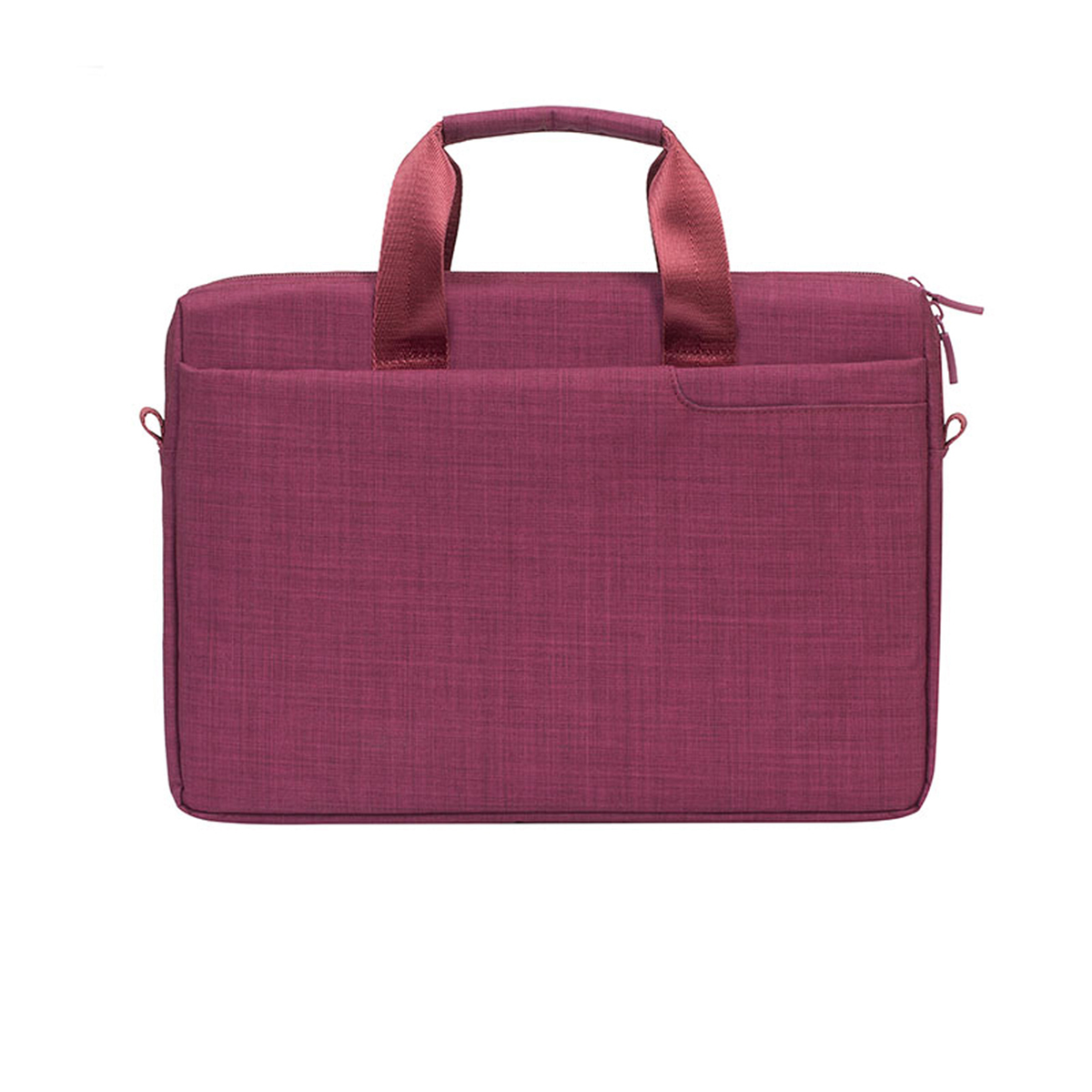 Una borsa per laptop bordeaux con manici e tracolla, isolata su sfondo bianco.