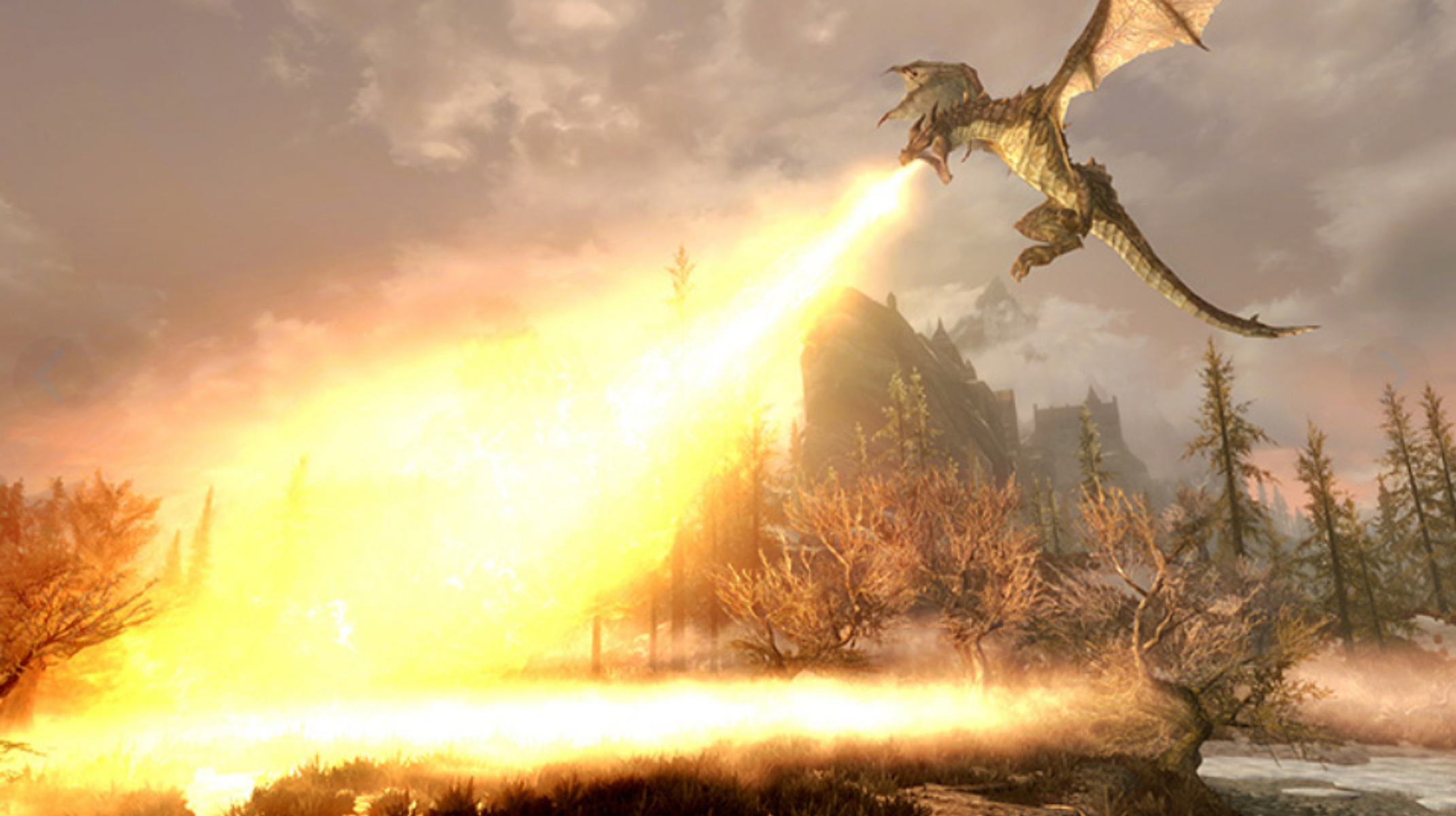 Smok ziejący ogniem nad krajobrazem z górami i drzewami.