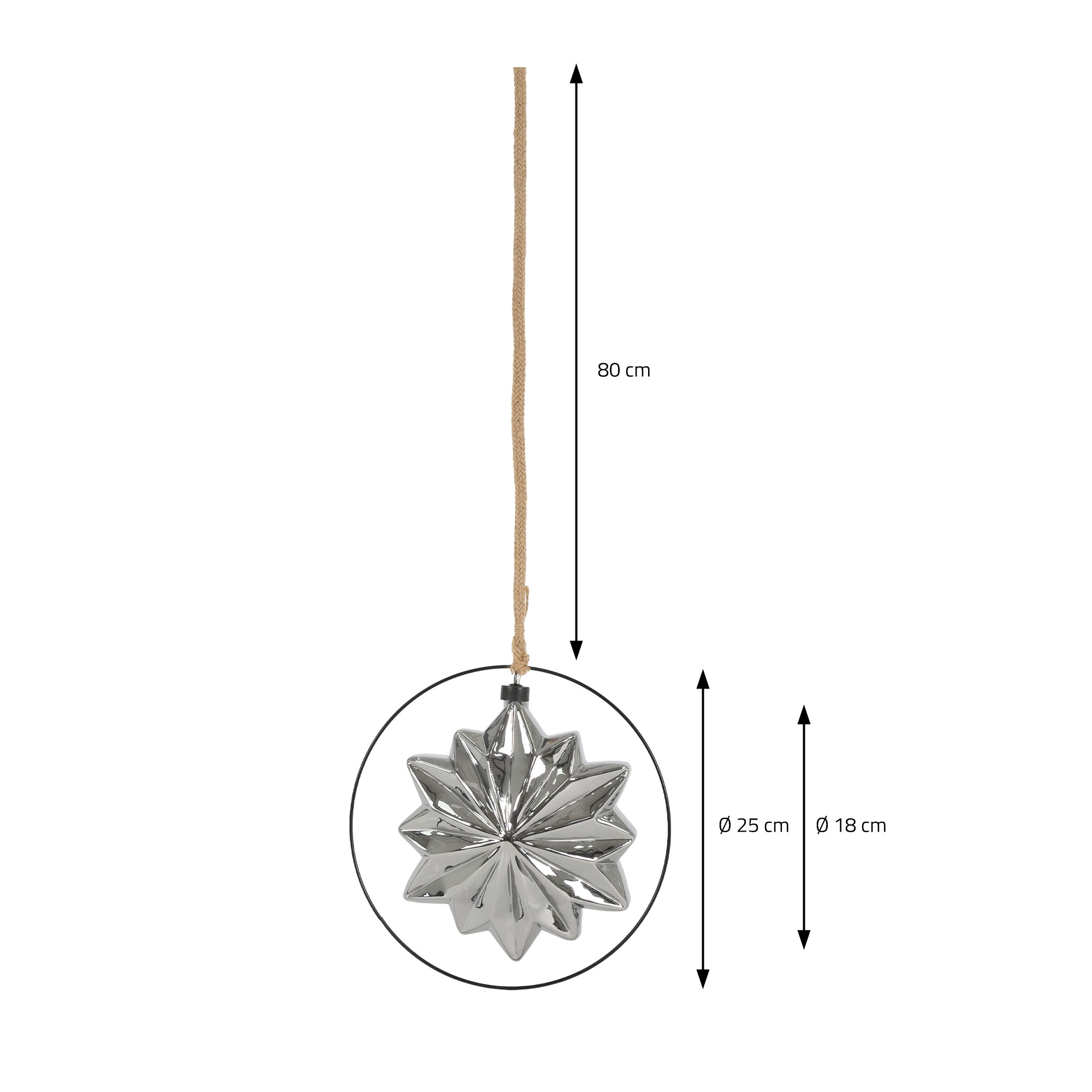 Ein silbernes Sternornament hängt an einer Schnur. Abmessungen sind angegeben: 80 cm lang, 25 cm und 18 cm Durchmesser.