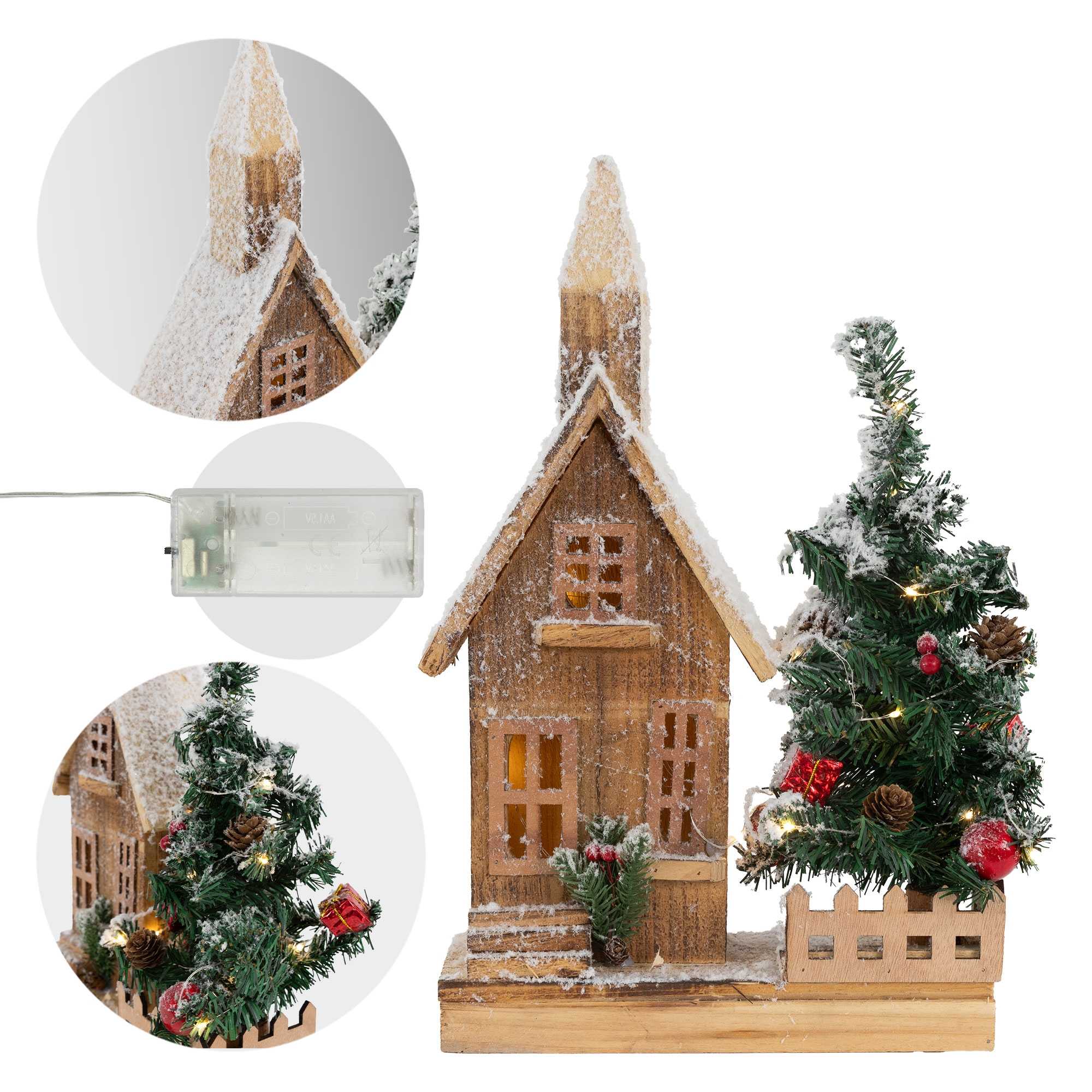 Ein hölzernes Weihnachtshaus mit Schnee. Enthält einen Baum und kleine Lichter, mit Nahaufnahmen.