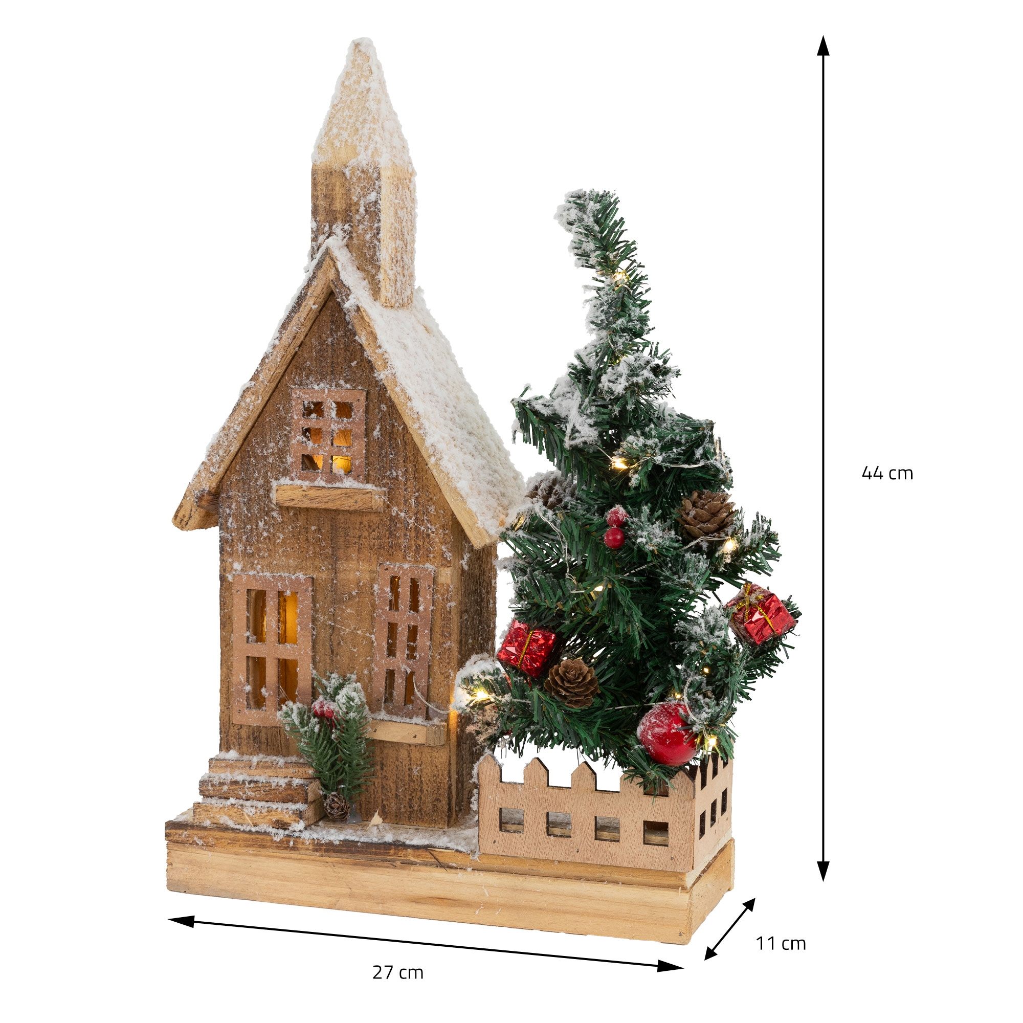 Weihnachtshaus aus Holz, kleiner Baum, Zaun, Lichter, mit Maßen.