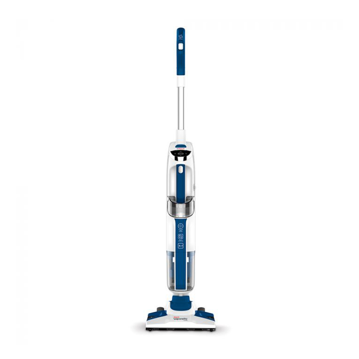 Aufrechter Staubsauger, weiß und blau, auf weißem Hintergrund. Einfaches und sauberes Design.